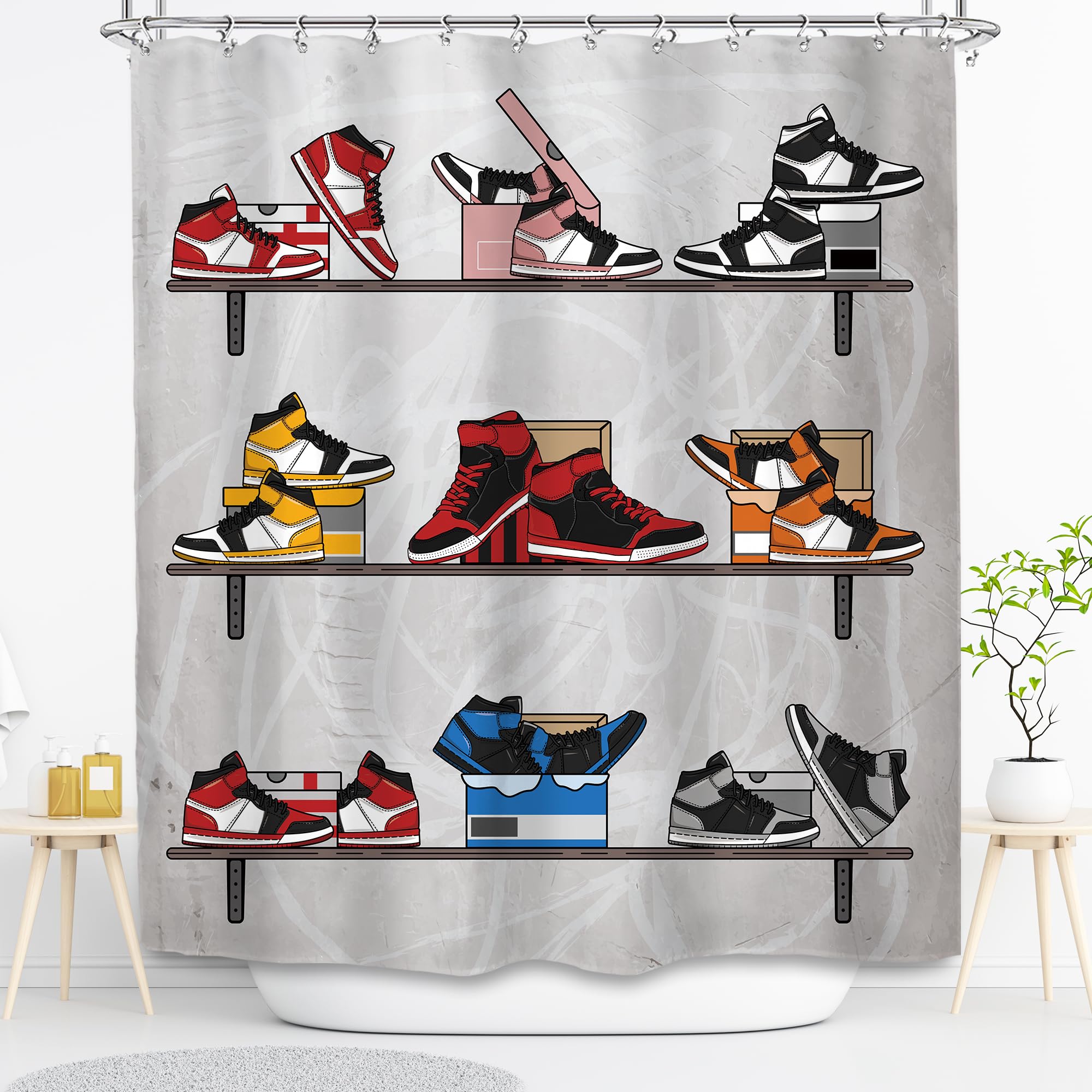 Svbright Retro Basketball Shoes Shower Curtain 60Wx72L Inch Sneaker Sports Footwear Theme Red Black For Boys Men Teens 12 Pack H