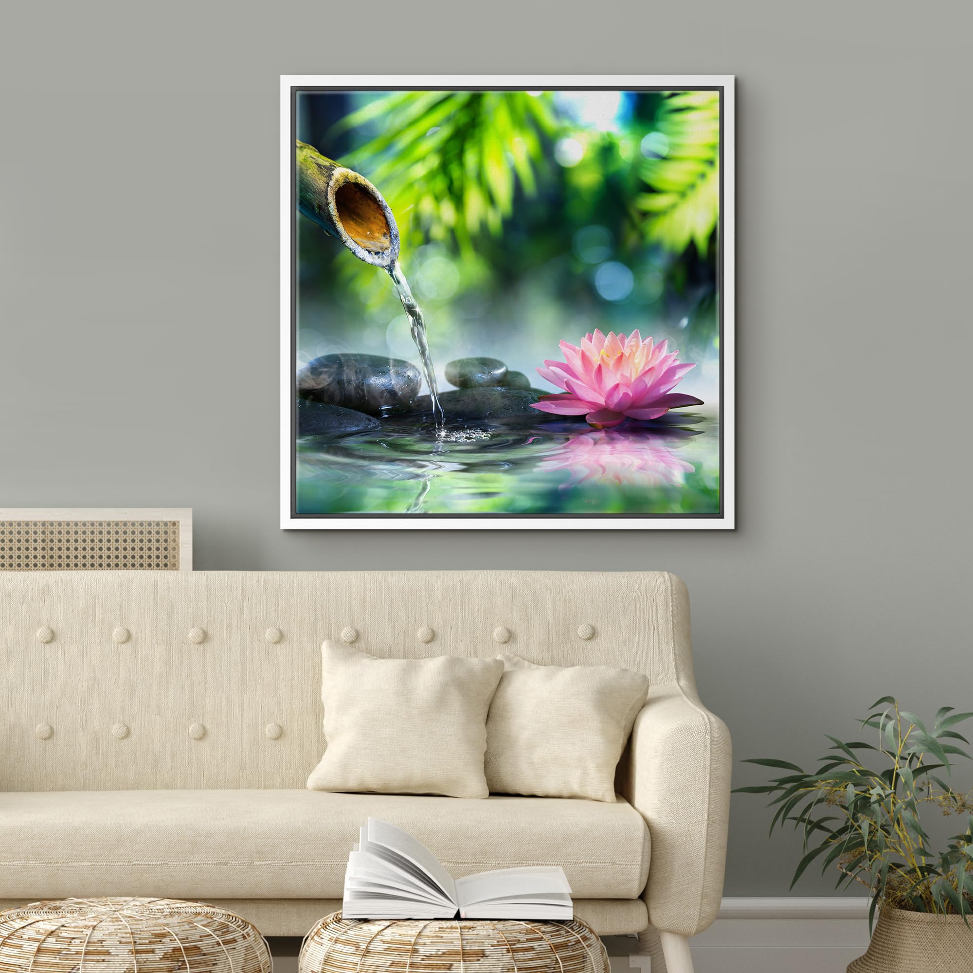 Wall26 Framed Canvas Print Wall Art Zen Garden With Bamboo And Pink Water Lily Floral Nature Digital Art Modern Art Rustic Sceni