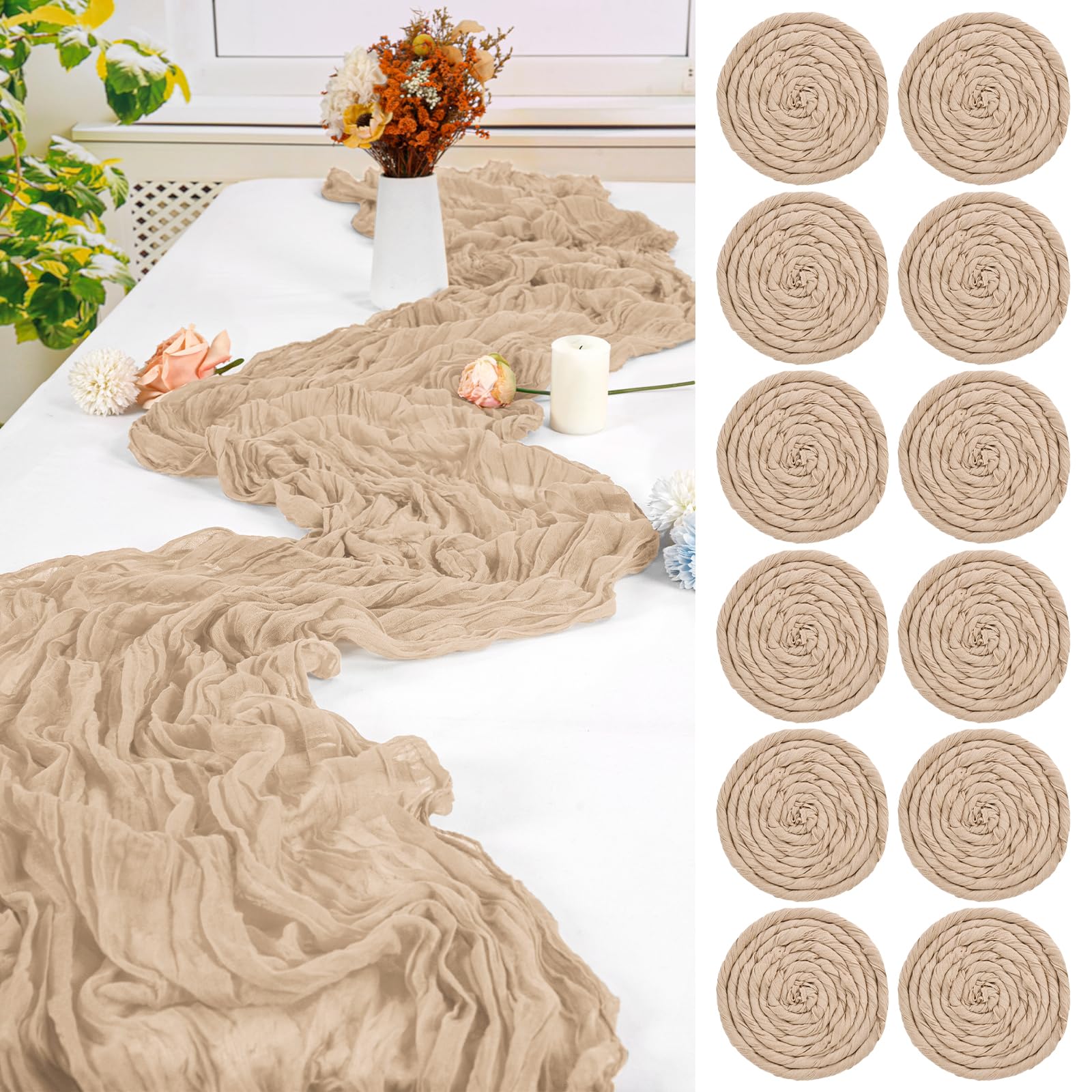 12 Pack Beige Cheesecloth Table Runner 35X120 Inch 10Ft Romantic Gauze Cheese Cloth Table Runner, Boho Rustic Table Decorations