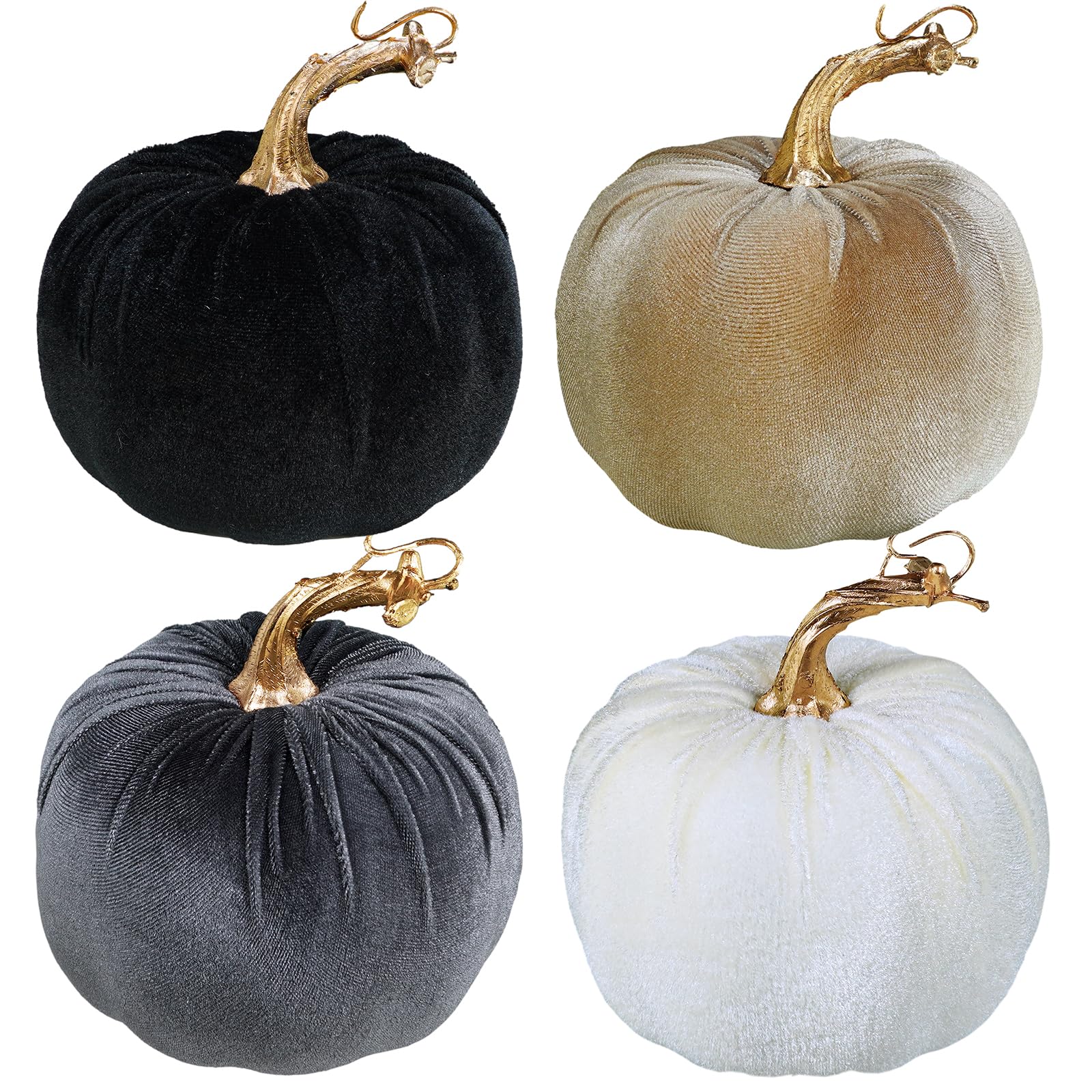 Winlyn 4 Pcs Assorted Faux Velvet Pumpkins Decorative Fabric Pumpkins Foam Pumpkins in White Black Gray Taupe 5  for Thanksgivin