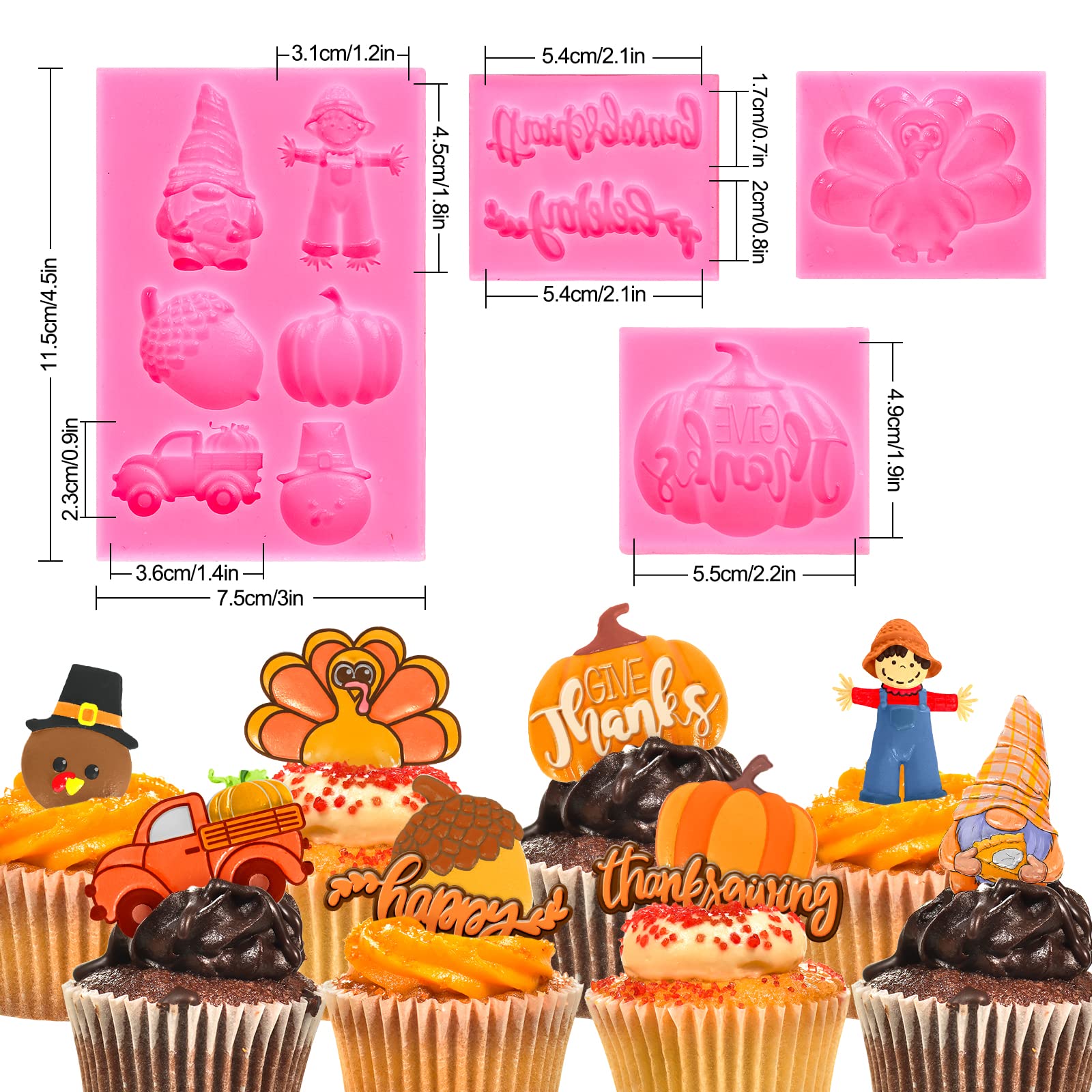 Whaline 4Pcs Happy Thanksgiving Fondant Molds Pumpkin Gnome Silicone Moulds Dwarf Truck Candy Moulds Turkey Scarecrow Cupcake Ba