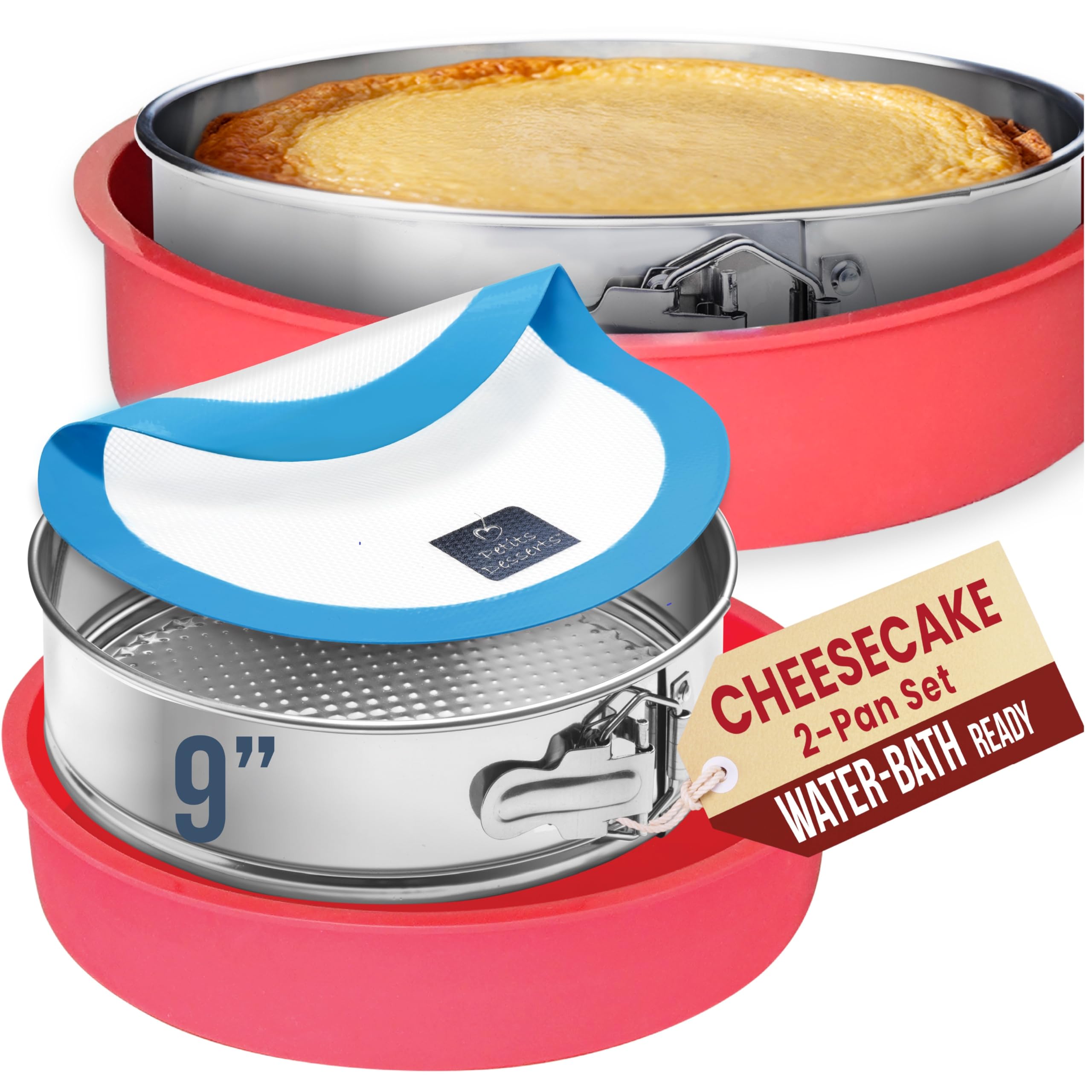 PET  TS DESSERTS Cheese Cake Pans for Baking - NON TOXIC 9 Inch Spring Form Pan for Cheesecake with LEAKPROOF SILICONE PROTECTOR