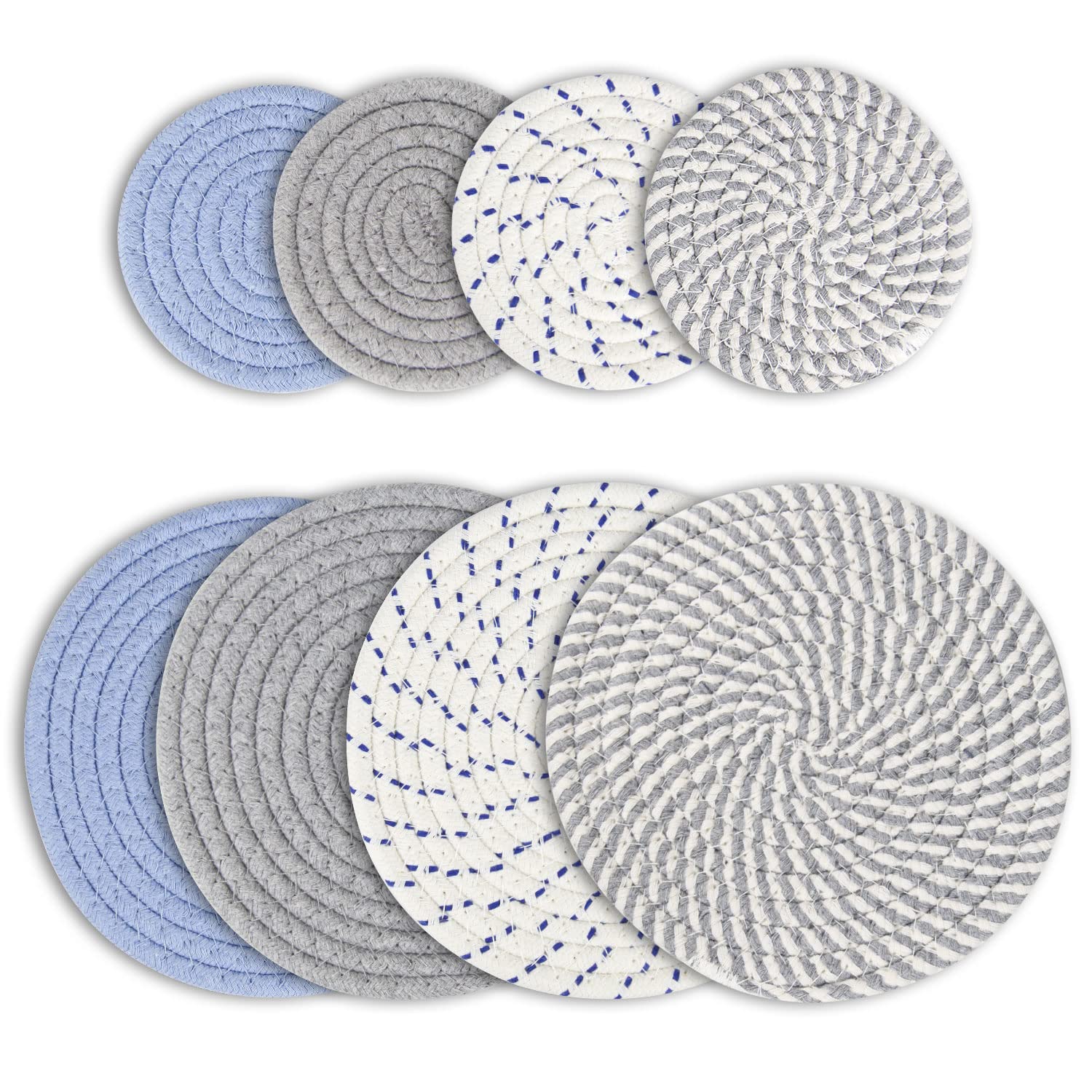 Howeifull 7'' Trivets For Hot Dishes, 4.3'' Woven Drink Coasters, Hot Pots And Pans, Round Heat Resistant 4 Hot Pads With 4 Coas