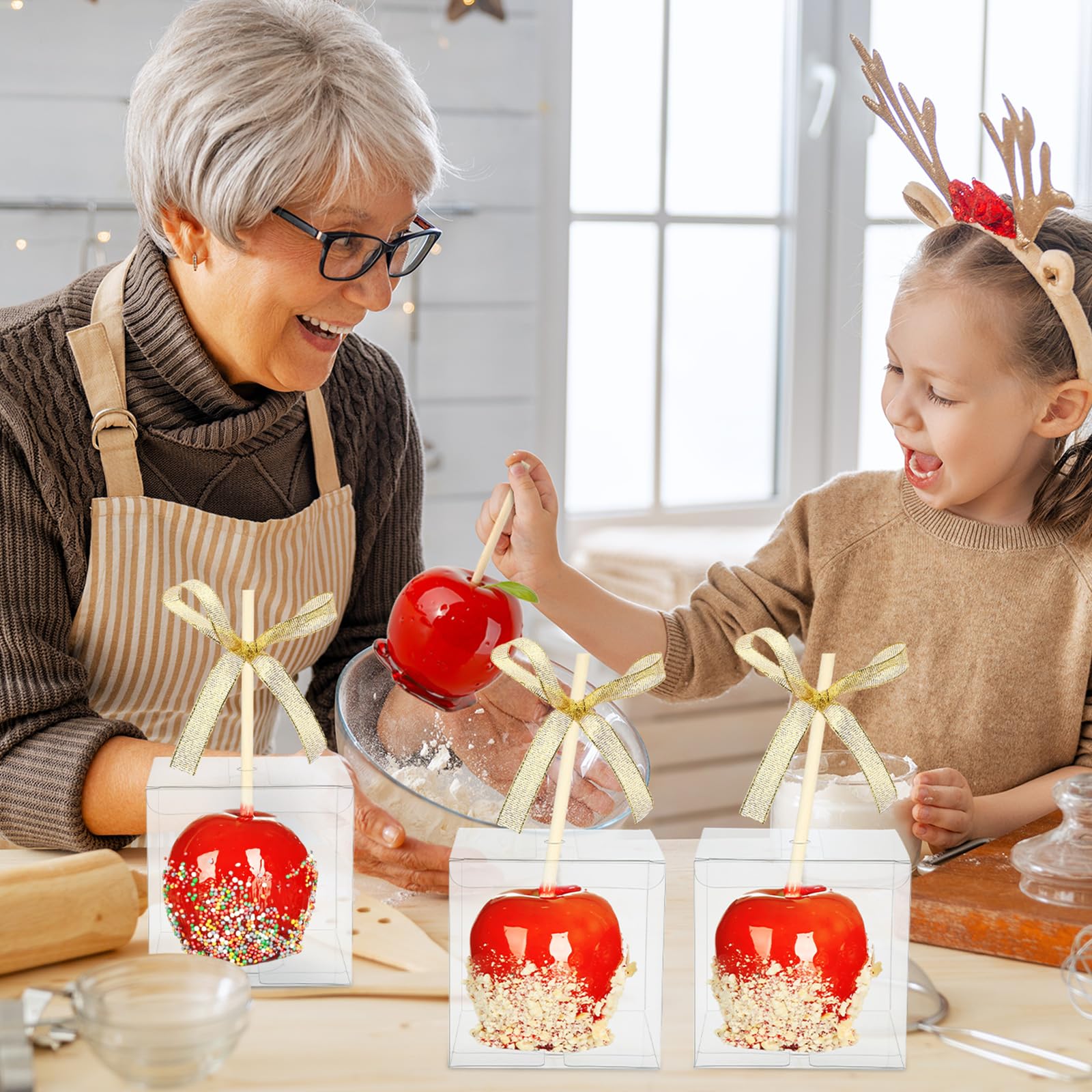 Wesiti 60 Sets 4''X 4''X 4'' Candy Apple Boxes For Treats Clear Candy Apple Boxes With Hole Transparent Cake Boxes With Bamboo P