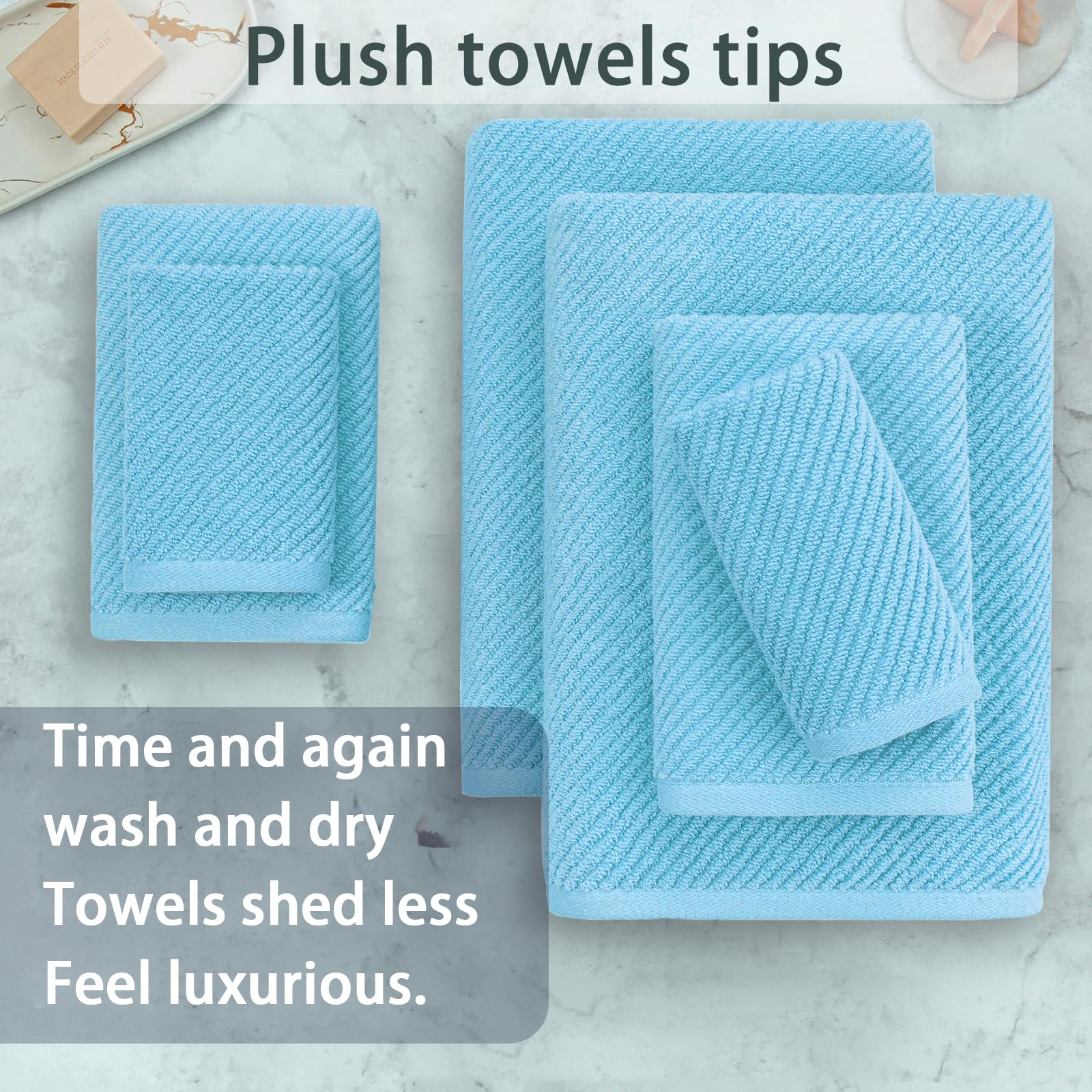 Blue Towels Bathroom Sets  Luxury 6PCS Gift Set  2 Large Bath Towels 30 x 56  2 Hand Towels 18 x 28  2 Wash Cloths 13 x 13  100% Cotton  Thick  Soft  Quick Dry  Christmas Bathroom Decorations