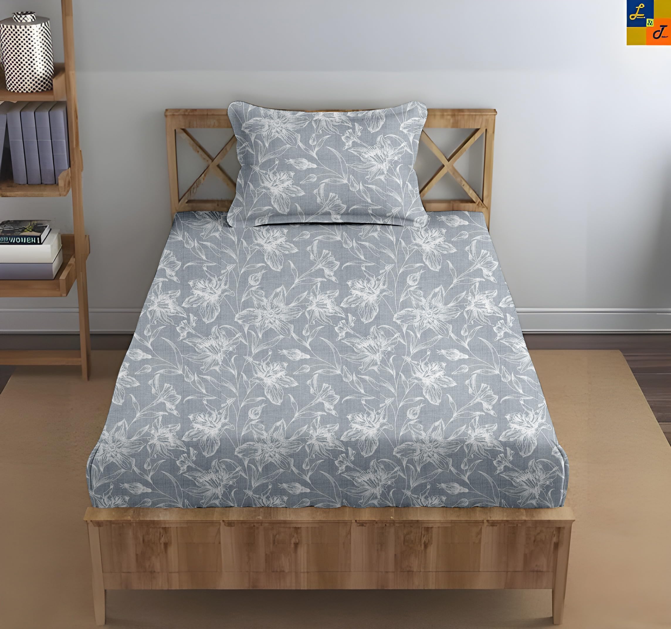 Trance Home Linen 100% Cotton 144TC Elastic Fitted Bedsheet | Printed Single Size Bed Elasticate Fitted Bedspread with 1 Pillow 