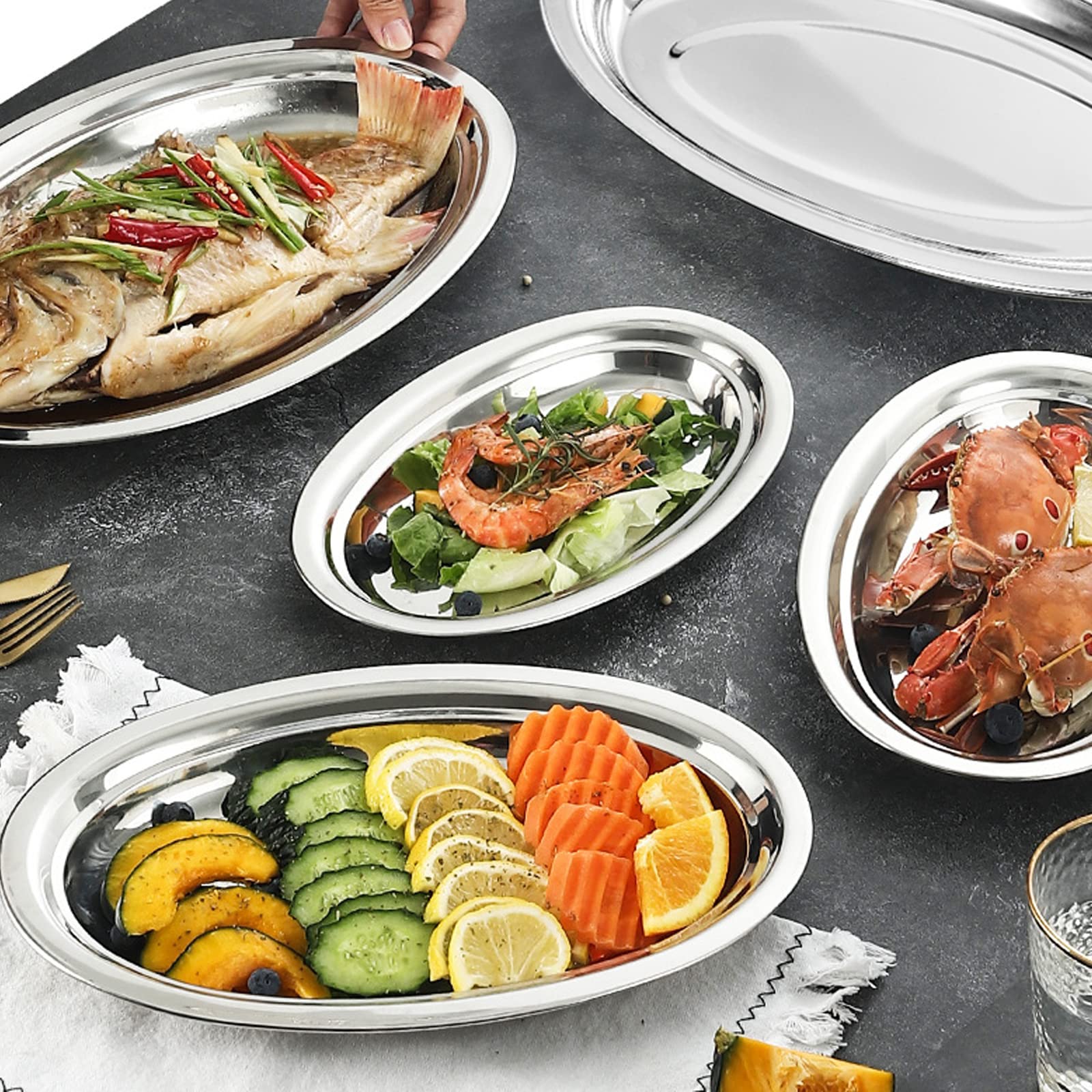 Suwimut 6 Pack Stainless Steel Oval Platter, Heavy Duty Mirror Polish Large Sizzling Platter Serving Tray Fish Plate For Steamin