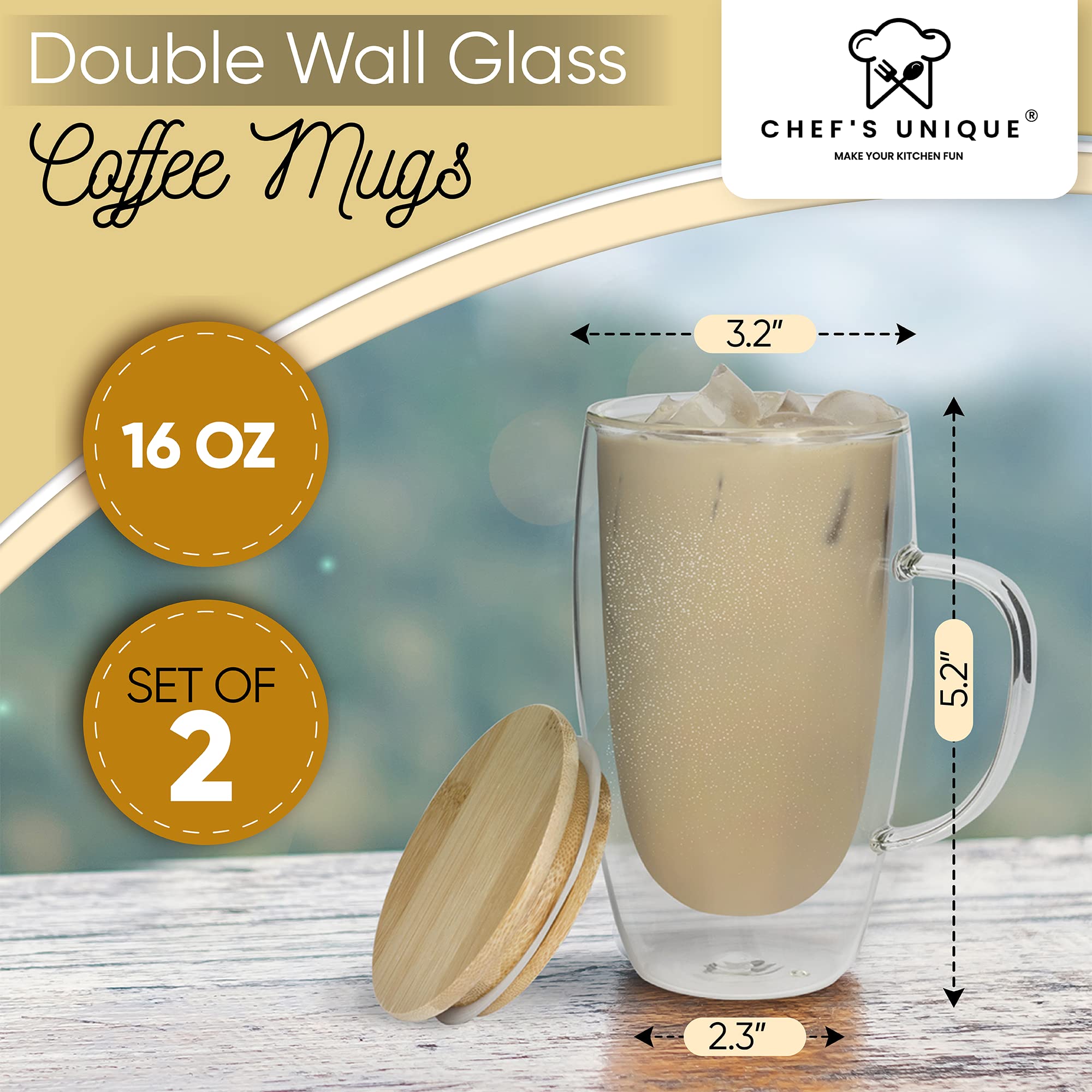 Double Walled Glass Coffee Mugs By Chef''s Unique Insulated Coffee Mugs With Handle And Bamboo Lid  Clear Glass Cups For Coffee Tea Latte Cappuccino Espresso 16 OZ (Set of 2)