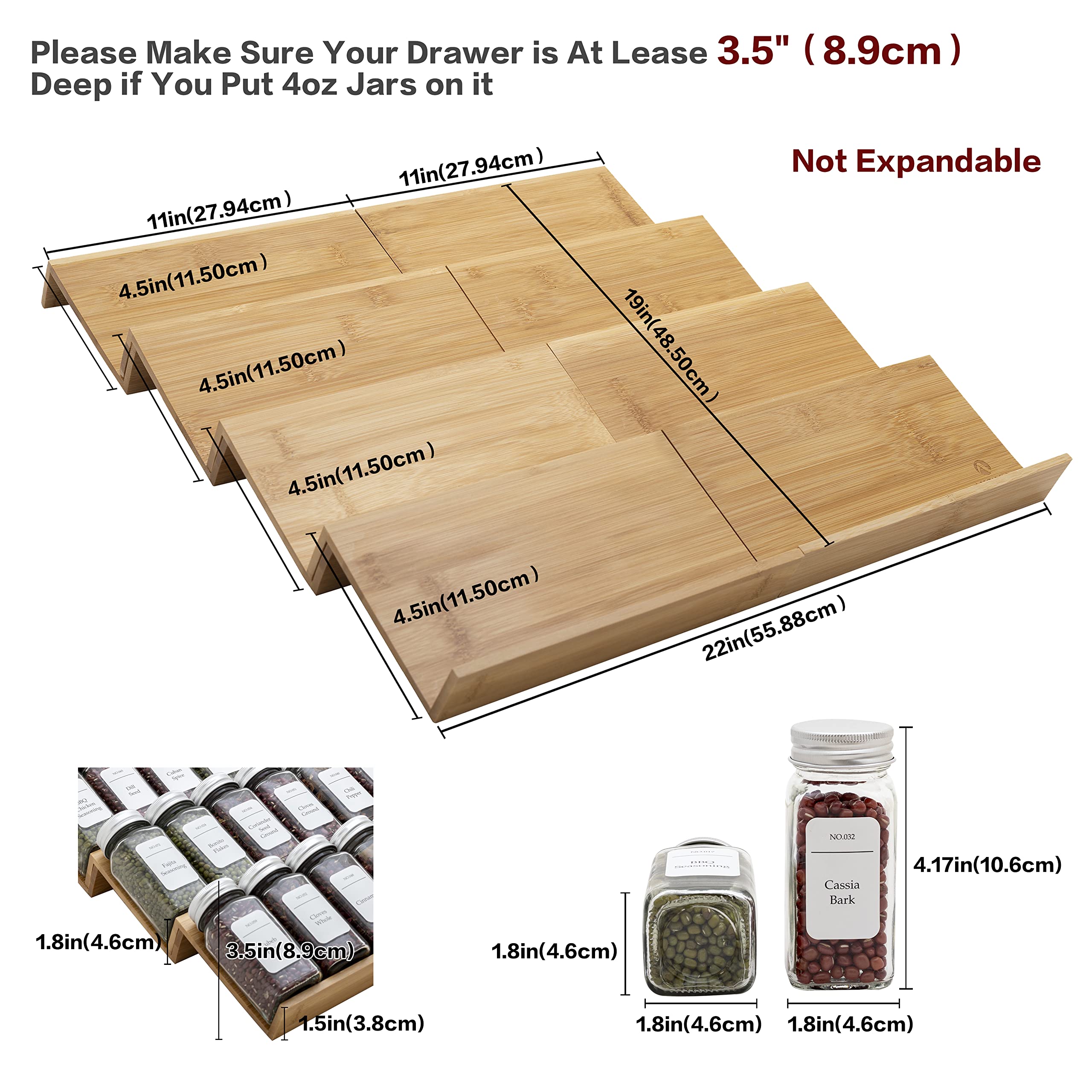 Angimio Bamboo Spice Rack Drawer Organizer - 8 Pieces Set- 11'' Wide Per Piece - Combine Pieces Into 22'' Wide Rack (11'' or 22'