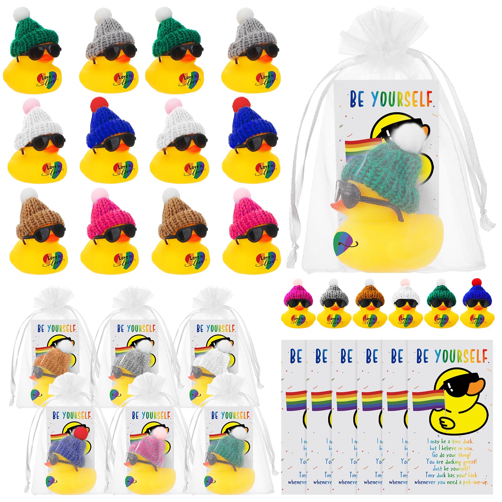 Liliful 48 Sets Rainbow Lgbt Pride Gifts Love Is Love Sign Mini Rubber Ducks with Glasses and Hats Be Yourself Positive Cards wi