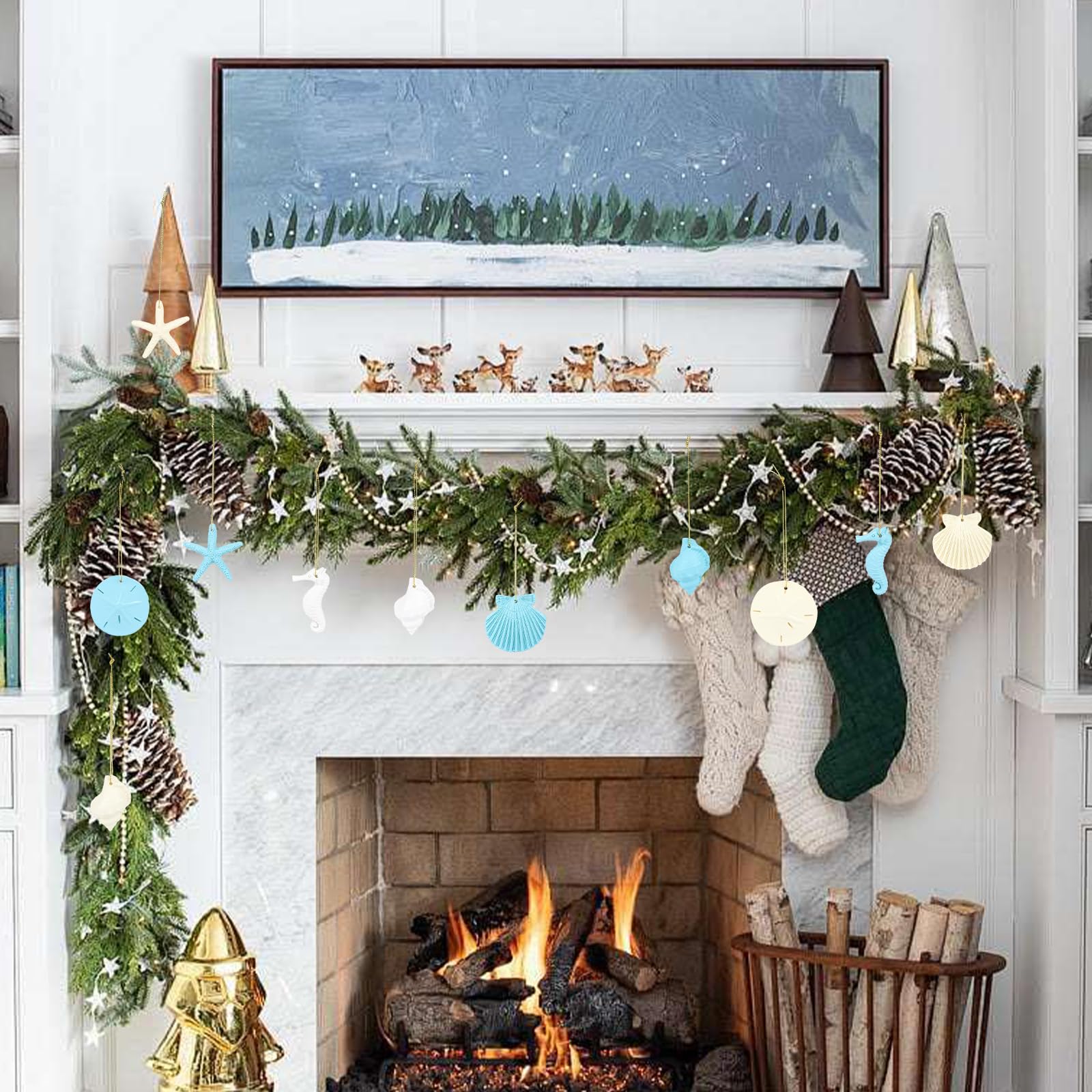 30 Pieces Resin Starfish Seahorse Sanddollar Conch & Seashells Set with Rope for Christmas Tree Hanging Ornaments Beach Theme We