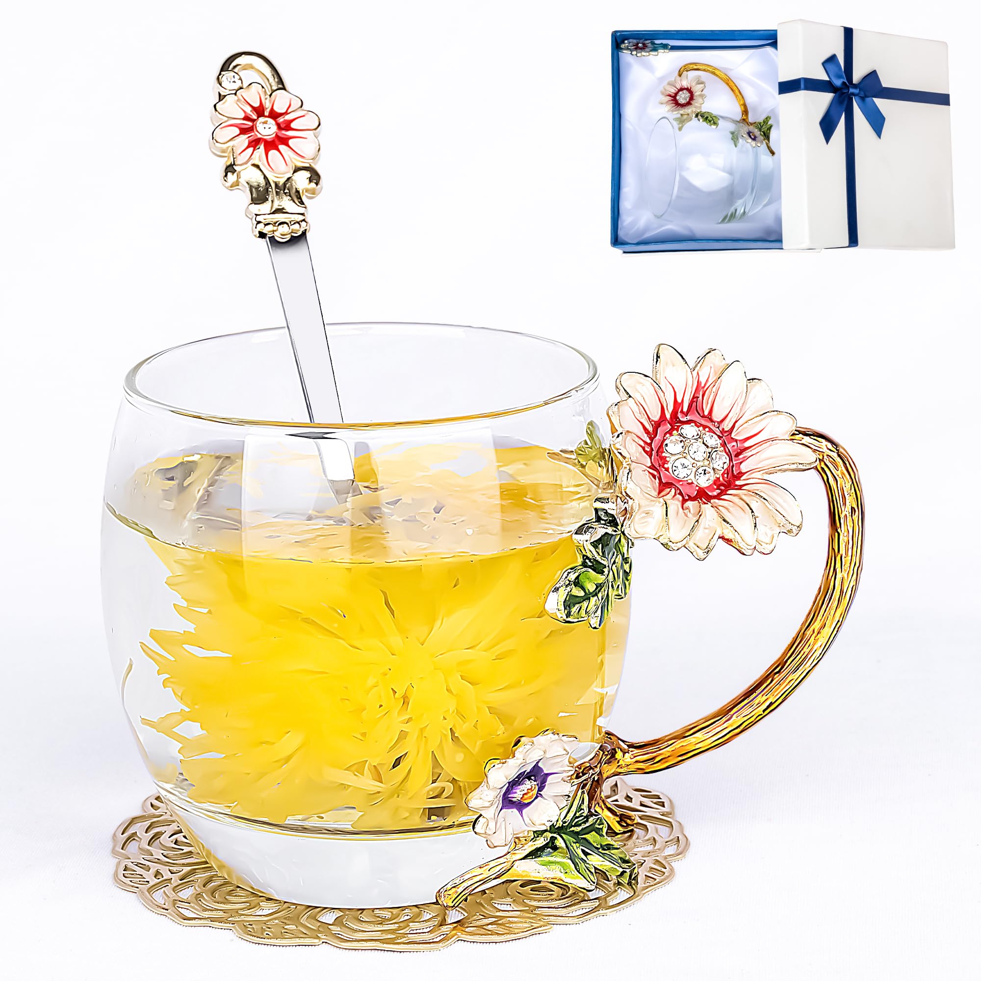 Flower Tea Cup,Butterfly Daisy Glass Fancy Coffee Mug with Spoon,Gift Box for Her Mom Wife Grandma Girls Friends Valentines Chri