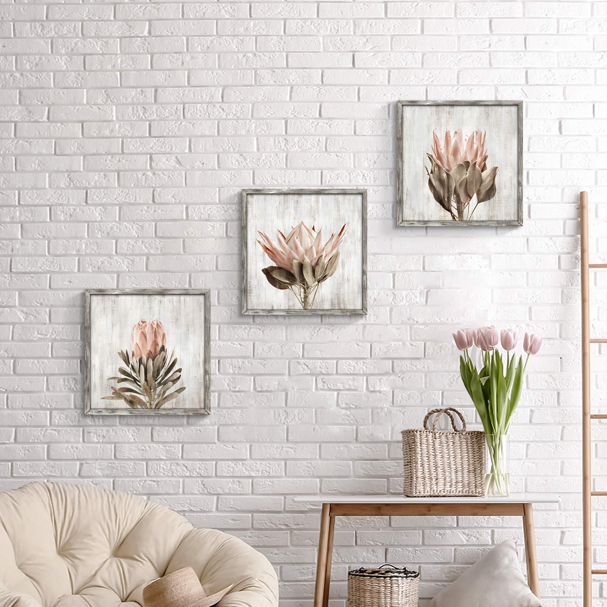 Pink Floral Wall Art Picture: Blossom Protea Flower Artwork Print On Rustic Wood Framed For Home Decor (16    X 16    X 3 Panels