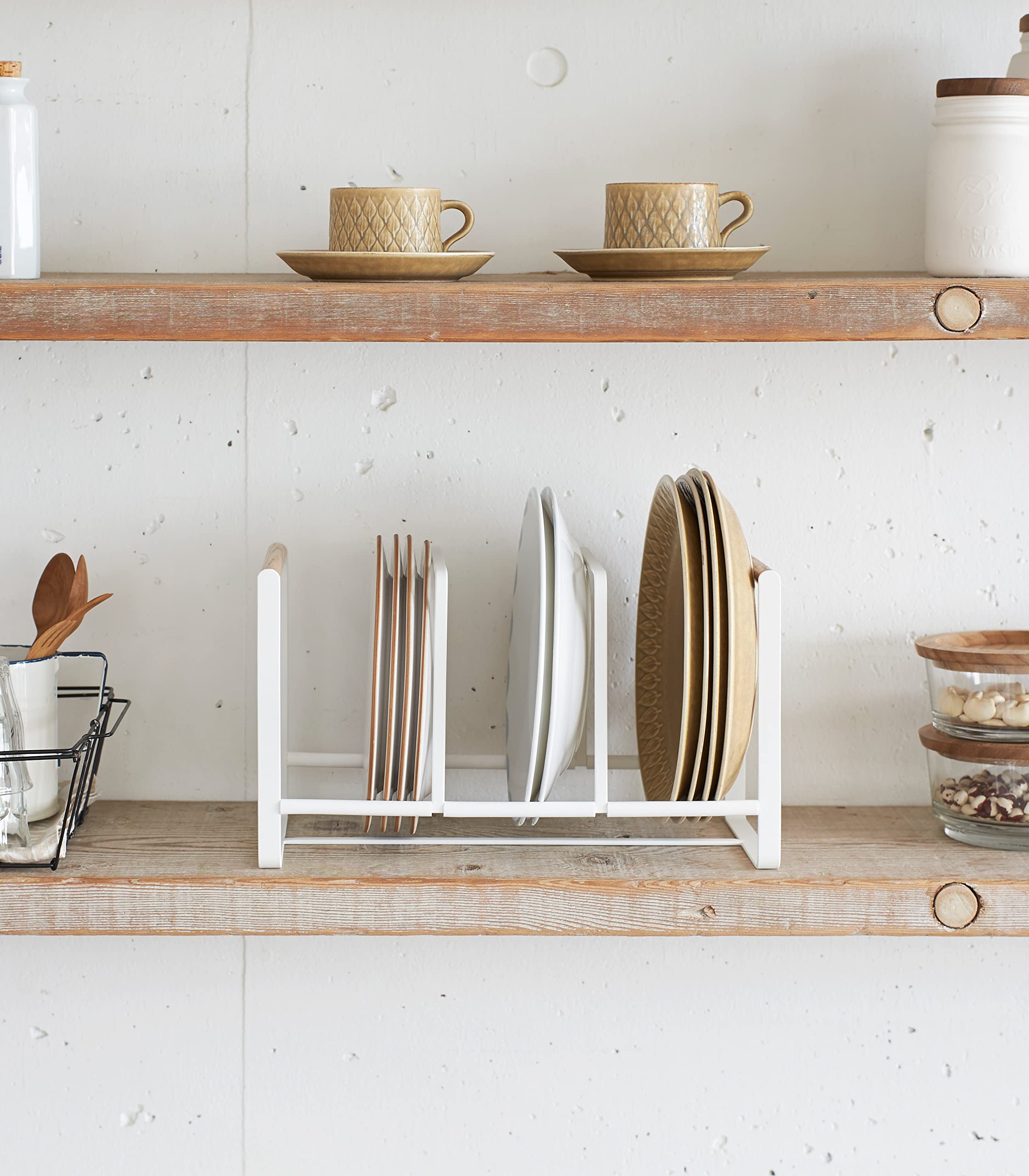 Yamazaki Home Plate Accented Storage Rack-Kitchen Holder Stand | Steel + Wood | Large | Dish Organizer, White