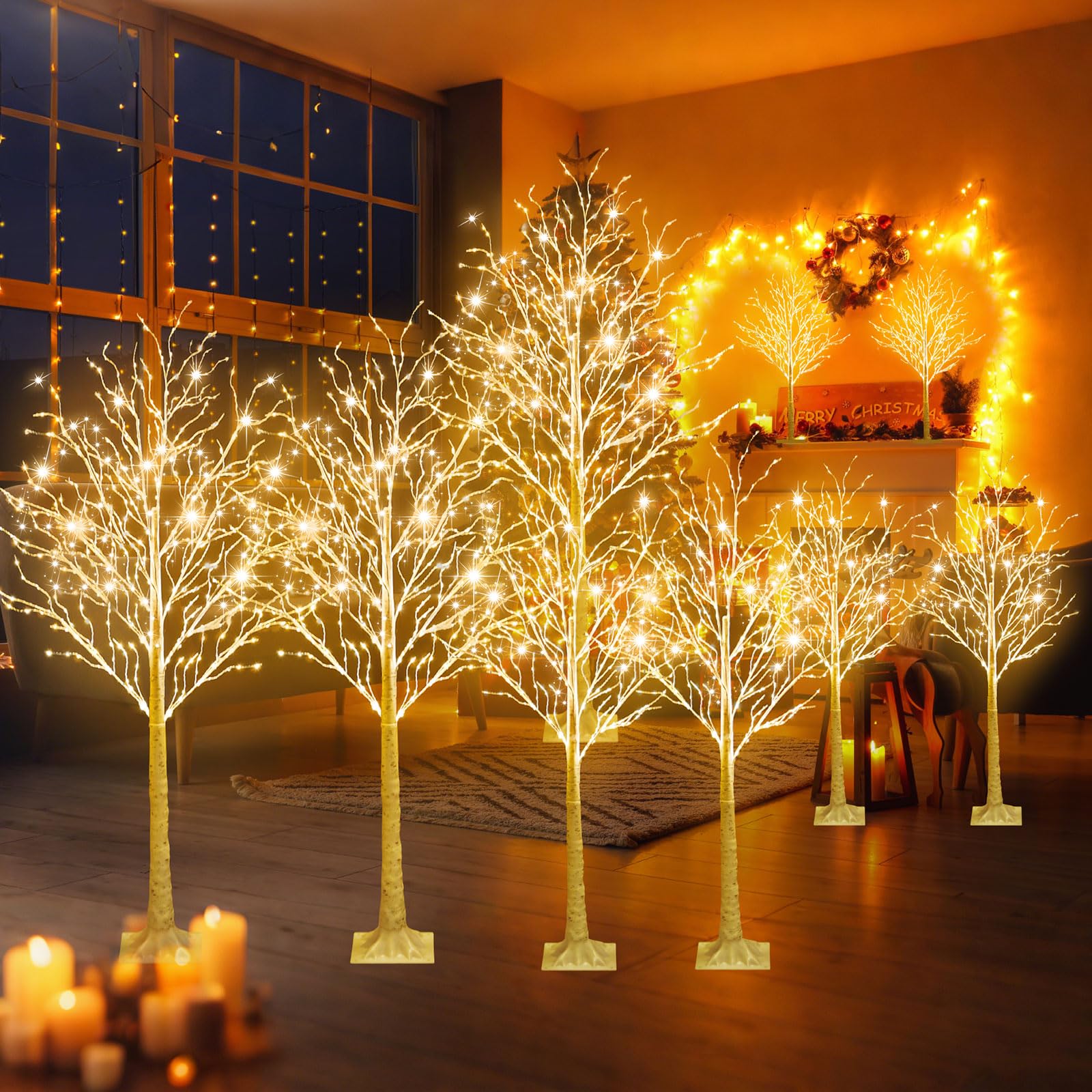 Aurelema 9 Pcs Lighted Birch Tree 8 Modes Christmas Artificial LED Warm White Lights Birch Tree for Indoor and Outdoor Home Deco