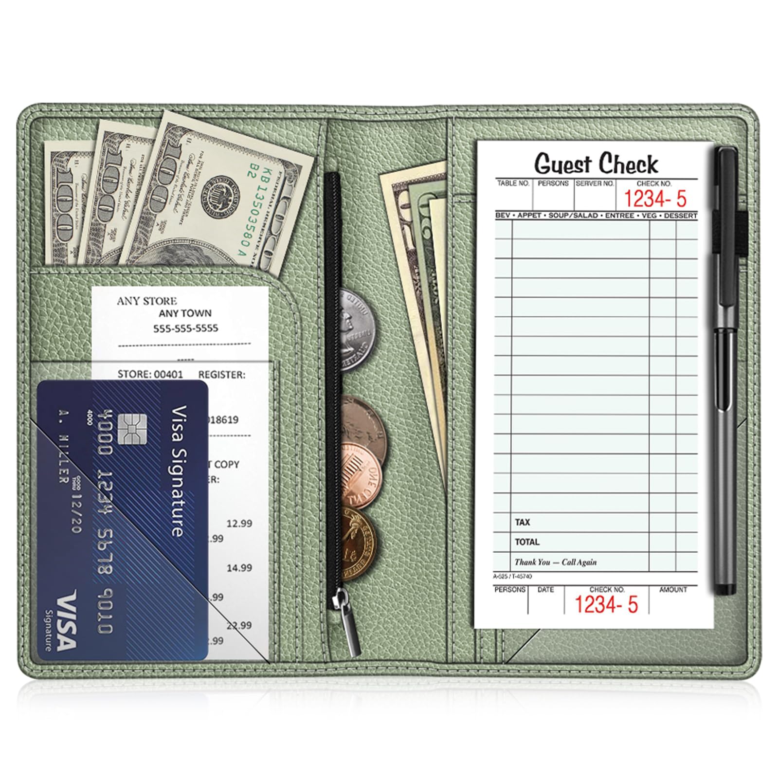 Fintie Server Book Organizer with Zipper Pocket, PU Leather Restaurant Guest Check Presenters Card Holder for Waitress, Waiter, 