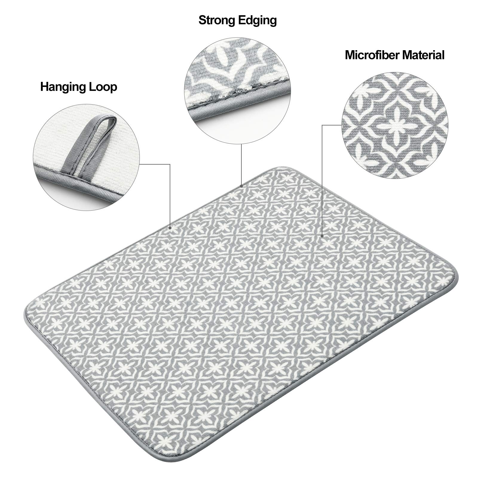 Subekyu Dish Drying Mats For Kitchen Counter, Microfiber Absorbent Dish Drainer/Rack Pads For Sink, 19.5*15.8 Inch, Set Of 2, Gr