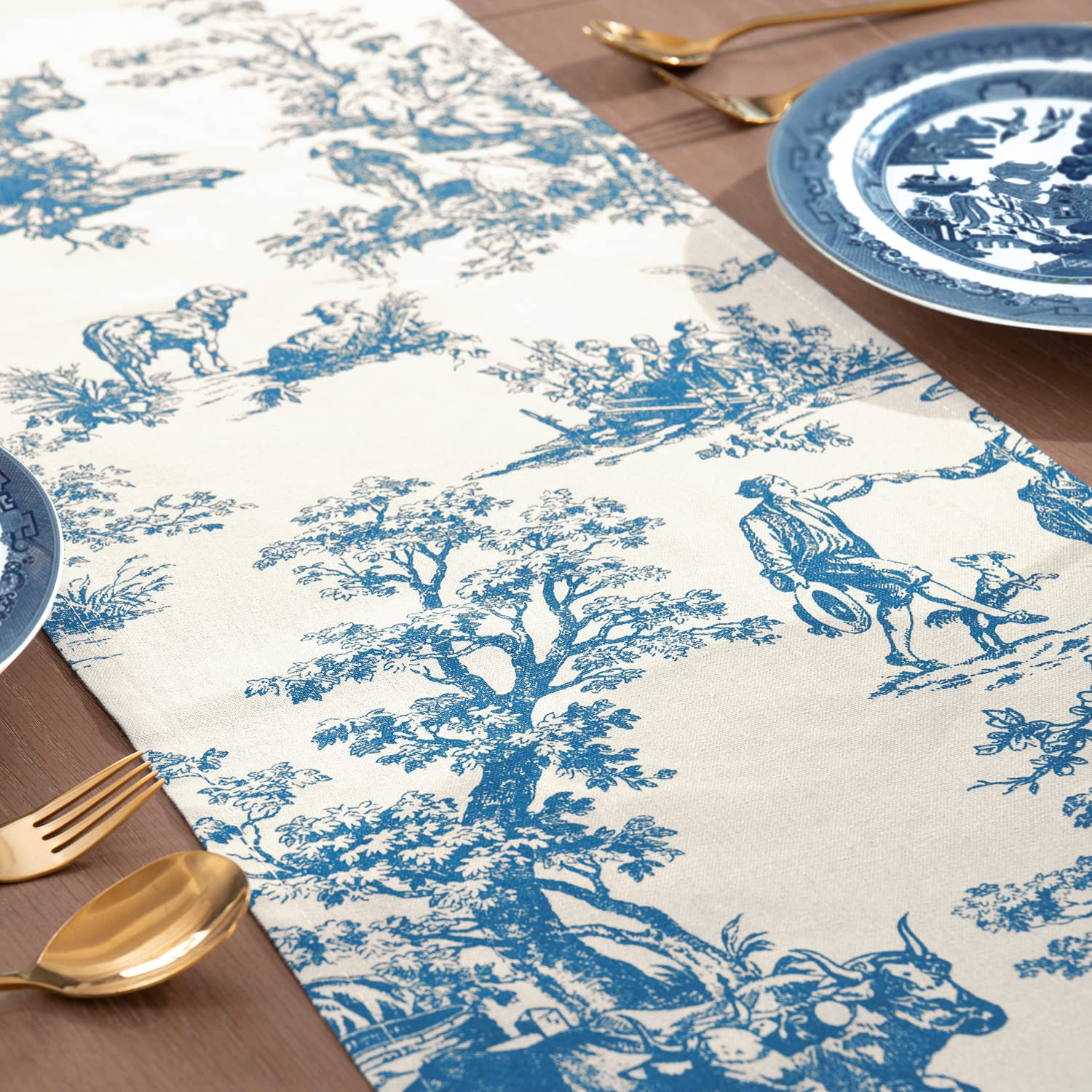 Royal Blue Table Runners 90 Inches Long For Dining Table Decor,Chinoserie Toile Print French Country Tablecloth Table Cloth Runn