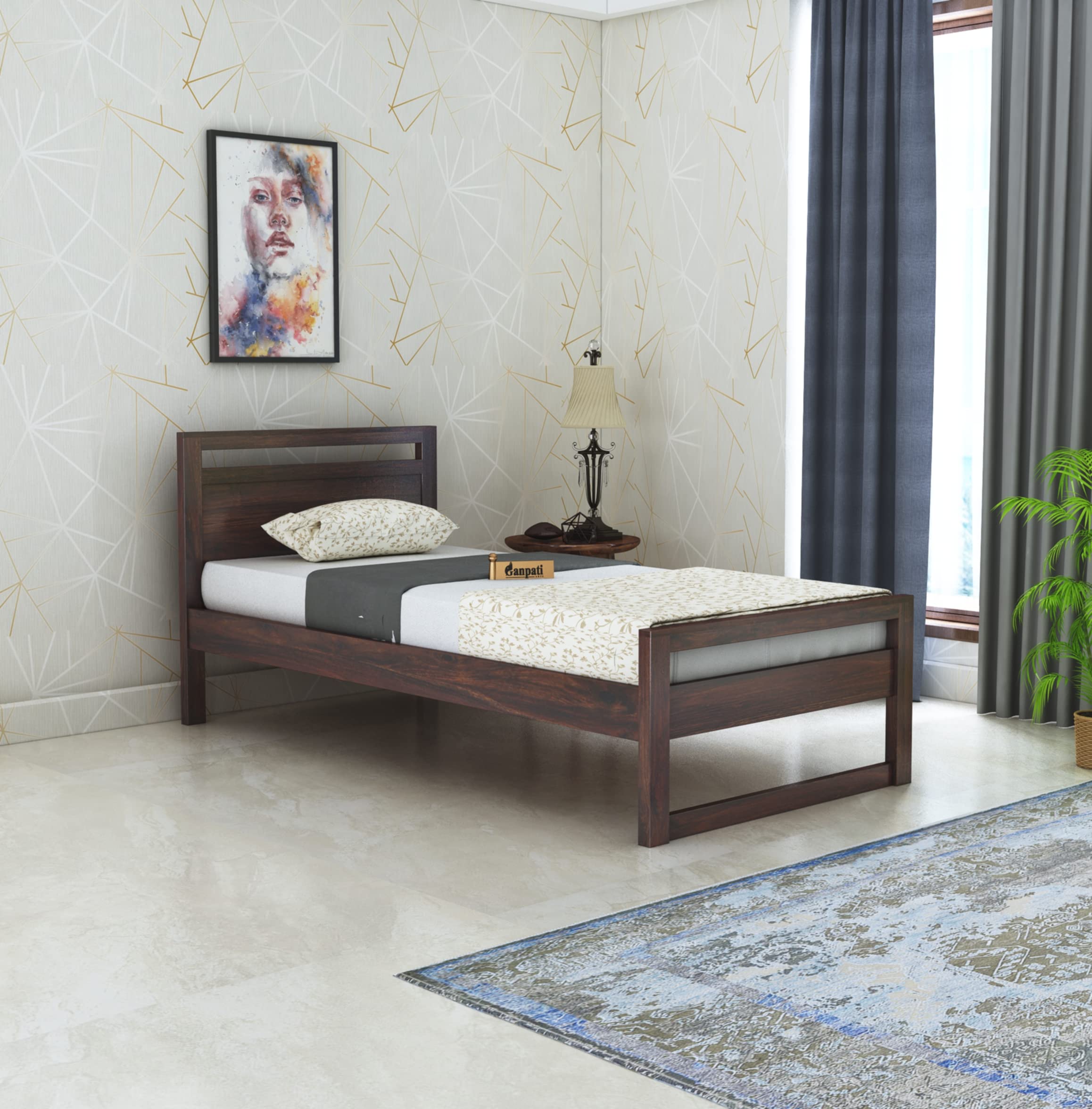 Ganpati Arts Sheesham Wood Rio Single Size Bed Without Storage For Bedroom Living Room Wooden Palang For Hotel (Walnut Finish)