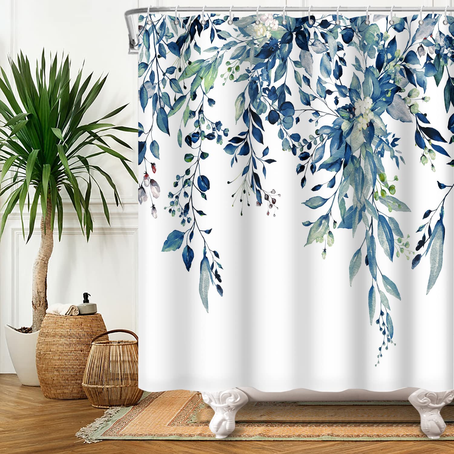 Yeele Blue Leaves Long Fabric Shower Curtain Watercolor Floral Leaf Wide Bath Curtain Farmhouse Plant Wildflower Stall Size Show