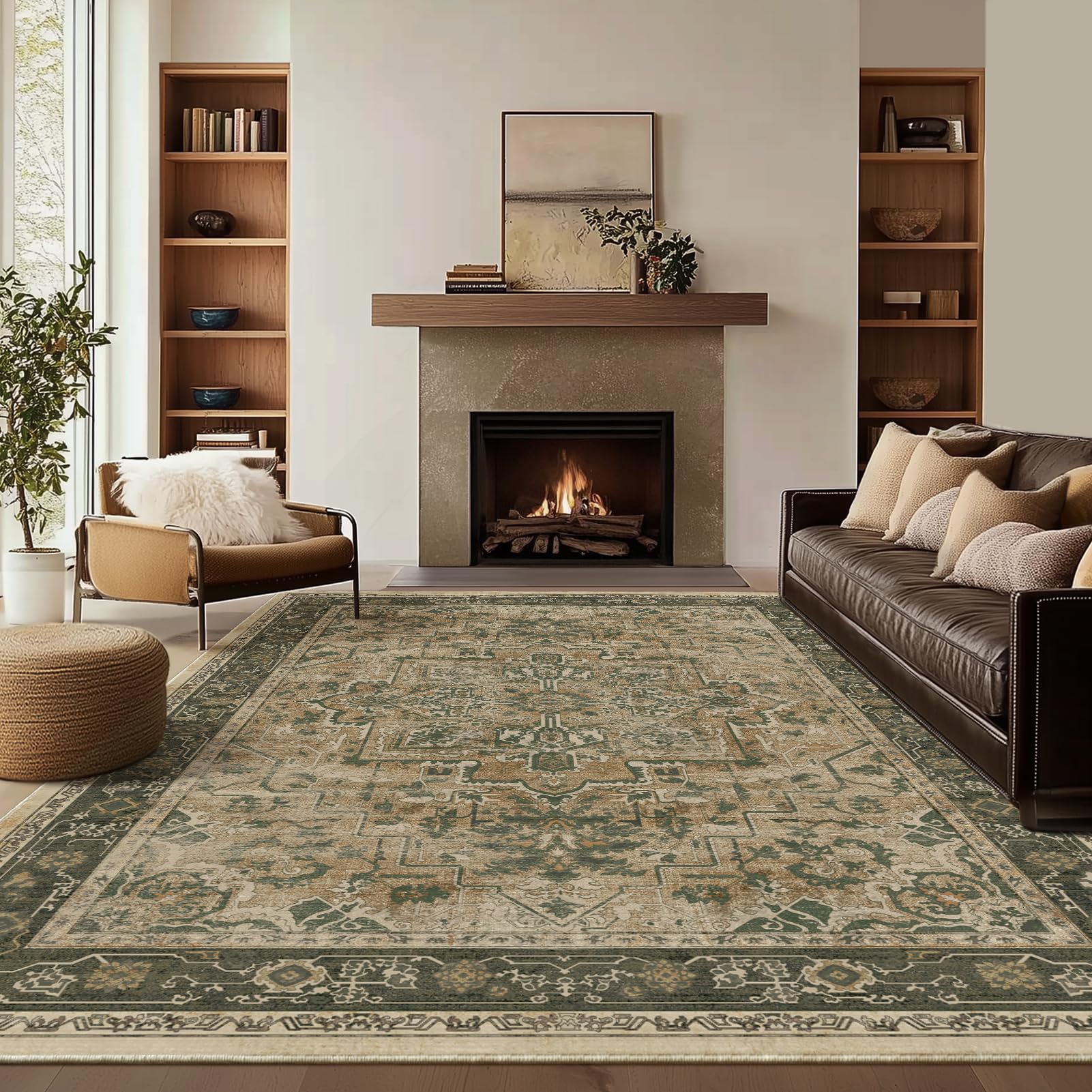 Jainmy Vintage Distressed 8x10 Rugs for Living Room Bedroom, Washable Non Slip Dining Room Rugs for Under Table, Low Pile Thin S