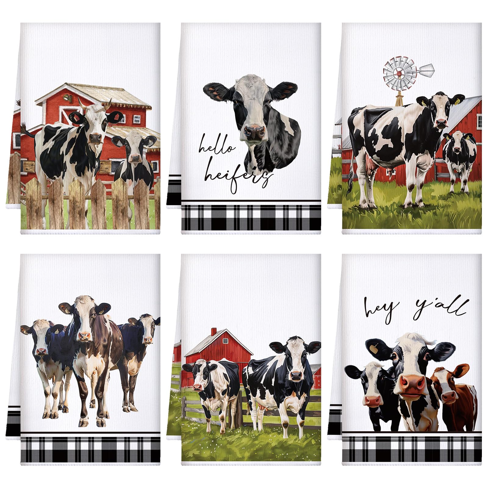 Bencailor 6 Pcs Cow Kitchen Towels Farm Animal Dish Towels 24'' X 16'' Farm Cow Buffalo Plaid Hand Towels Farmhouse Absorbent Te