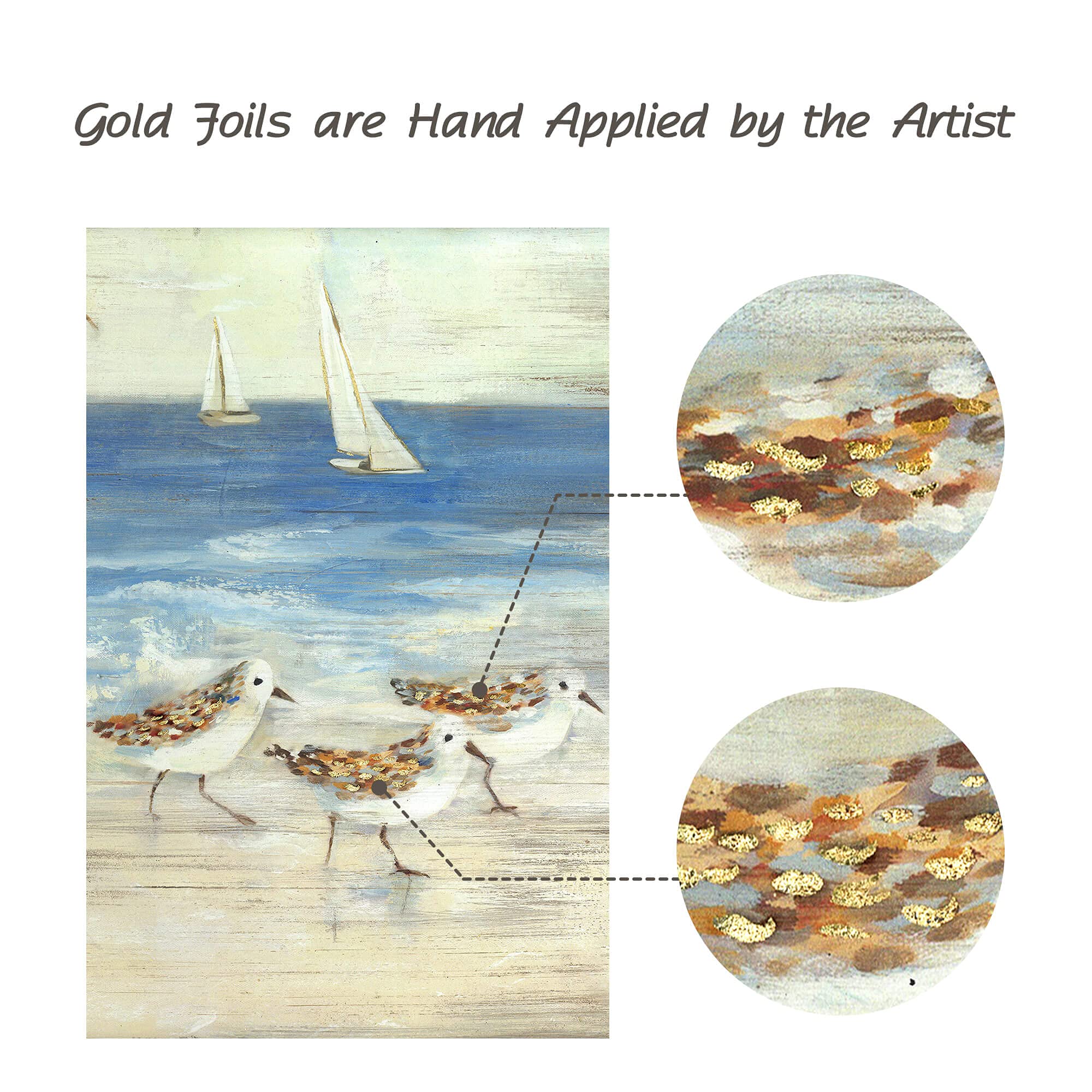 Ocean Framed Wooden Wall Art: Abstract Beach Oil Painting Style Sea Bird Pictures Ocean Prints Peaceful Coastal Artwork For Offi