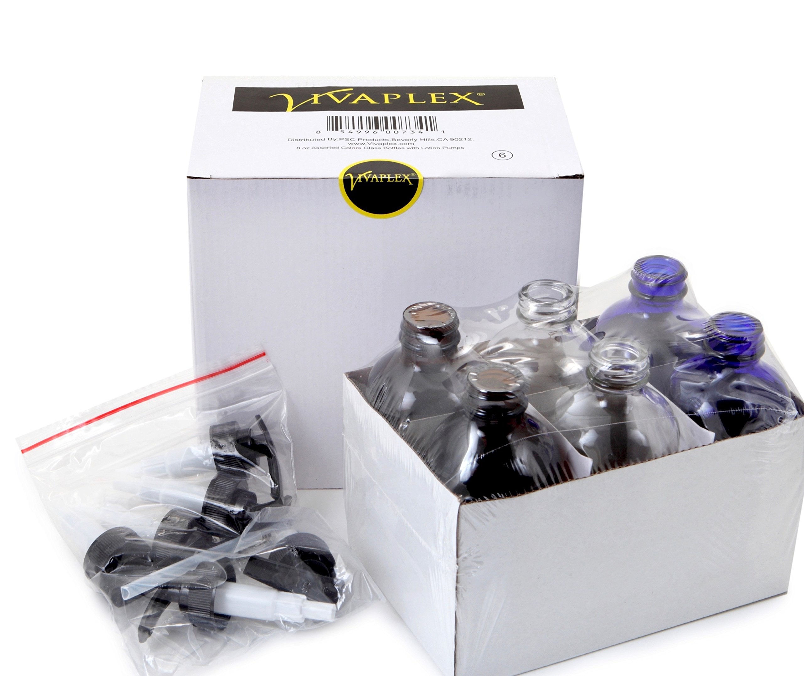 Vivaplex, 6, Large, 8 Oz, Empty, Assorted Colors, Glass Bottles With Black Lotion Pumps