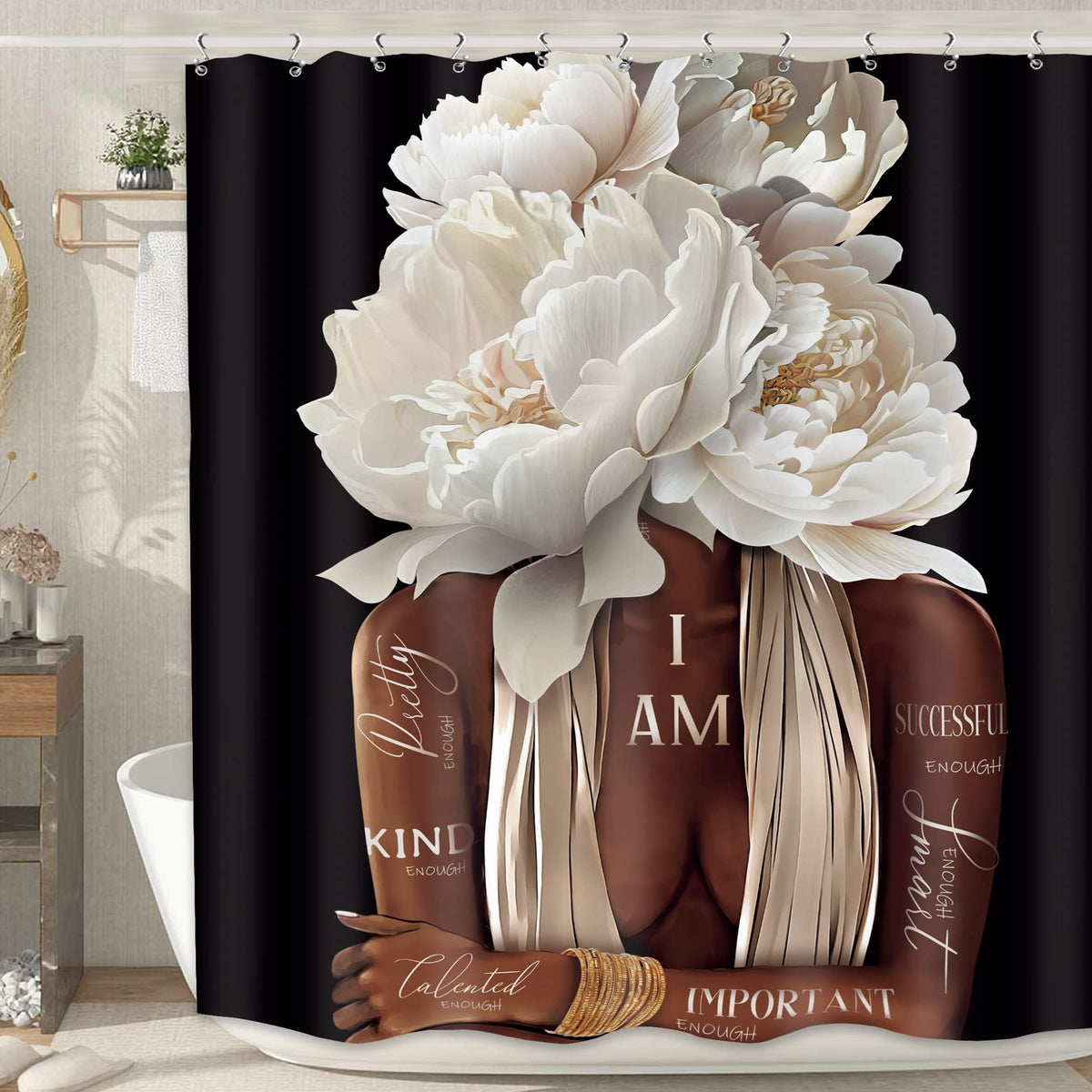 Meshelly Black Girl Shower Curtain 60Wx72H African American Woman Black And White Peony Floral Quotes Bathroom Curtain Fashion P