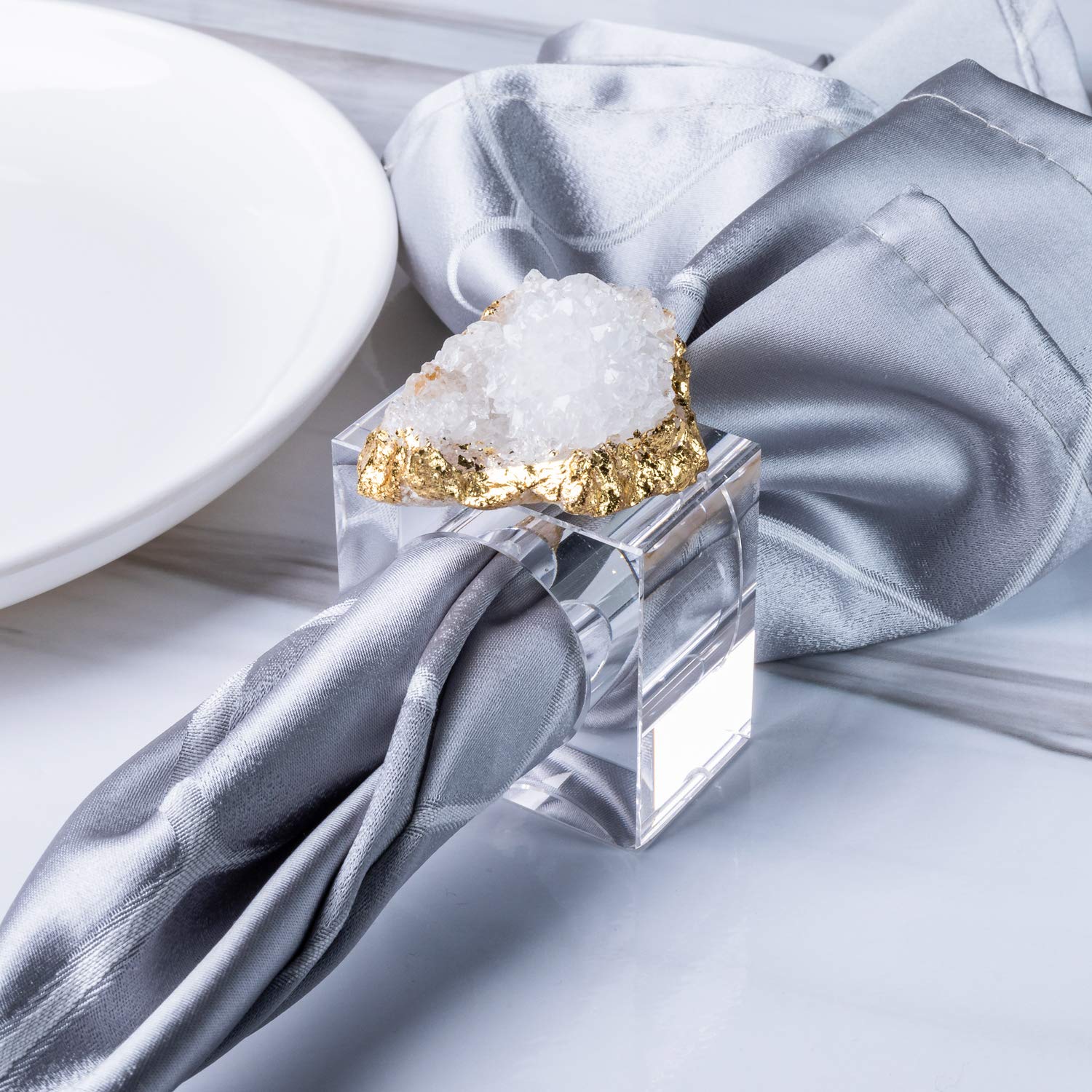 Set of 4 White Geode Napkin Rings Gold Plated Quartz Geode Napkin Holder for Wedding  Dinner & Decor