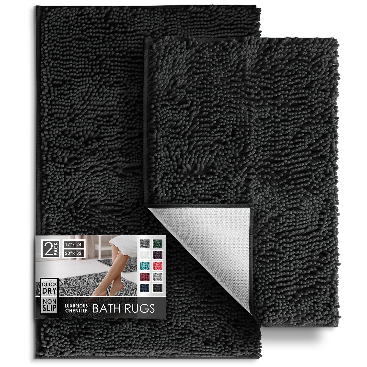 Hearth & Harbor Bathroom Rugs Sets 2 Piece, Chenille Bath Mat Set - Machine Washable Bath Mats For Bathroom Non-Slip Backing Rub