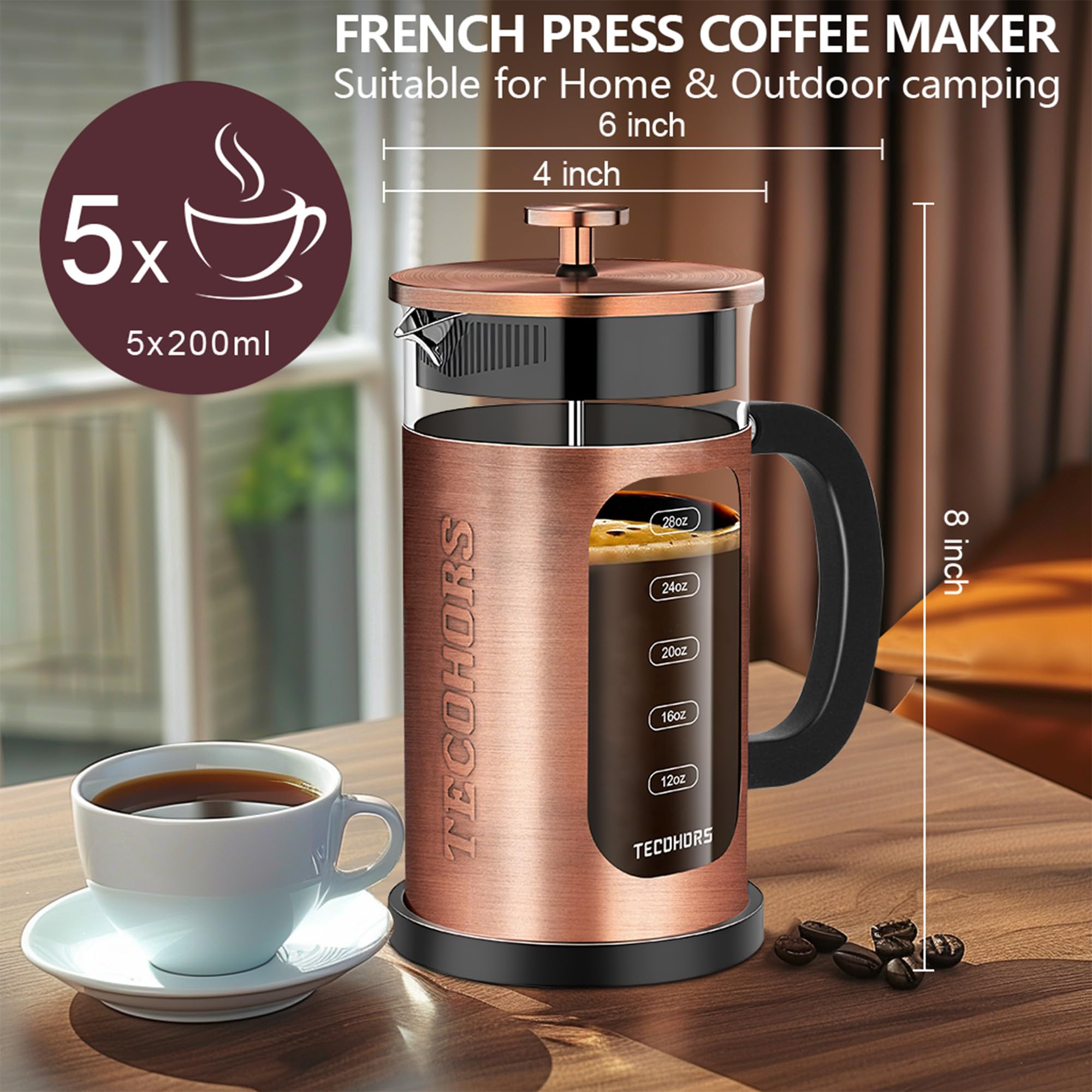 Tecohors French Press Coffee Maker 34Oz / 1 Quart 304 Stainless Steel Coffee Press,With 4 Filters System, Heat Resistant Thickne