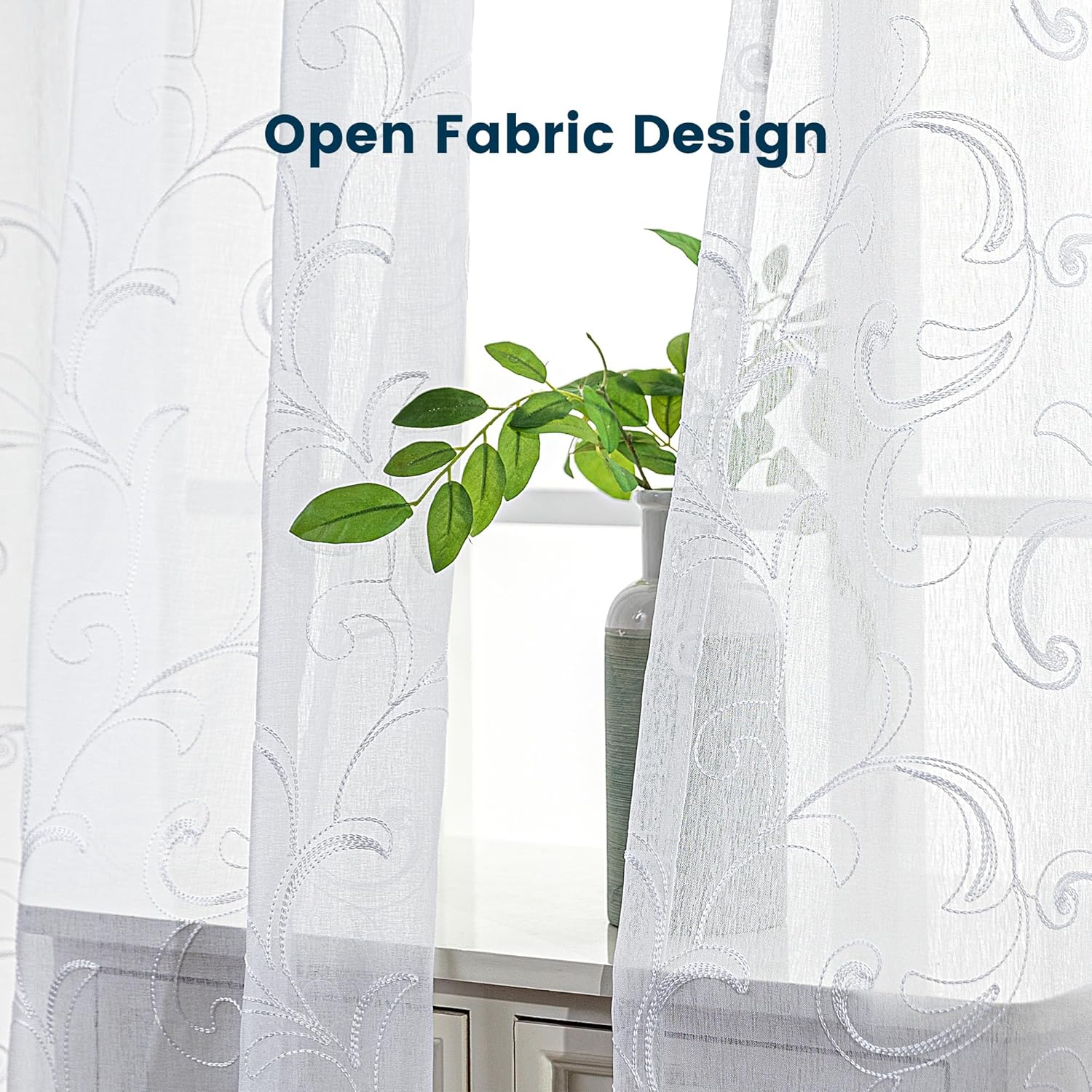 White Leaf Lightweight Washable Sheer Curtains for Living Room & Bedroom