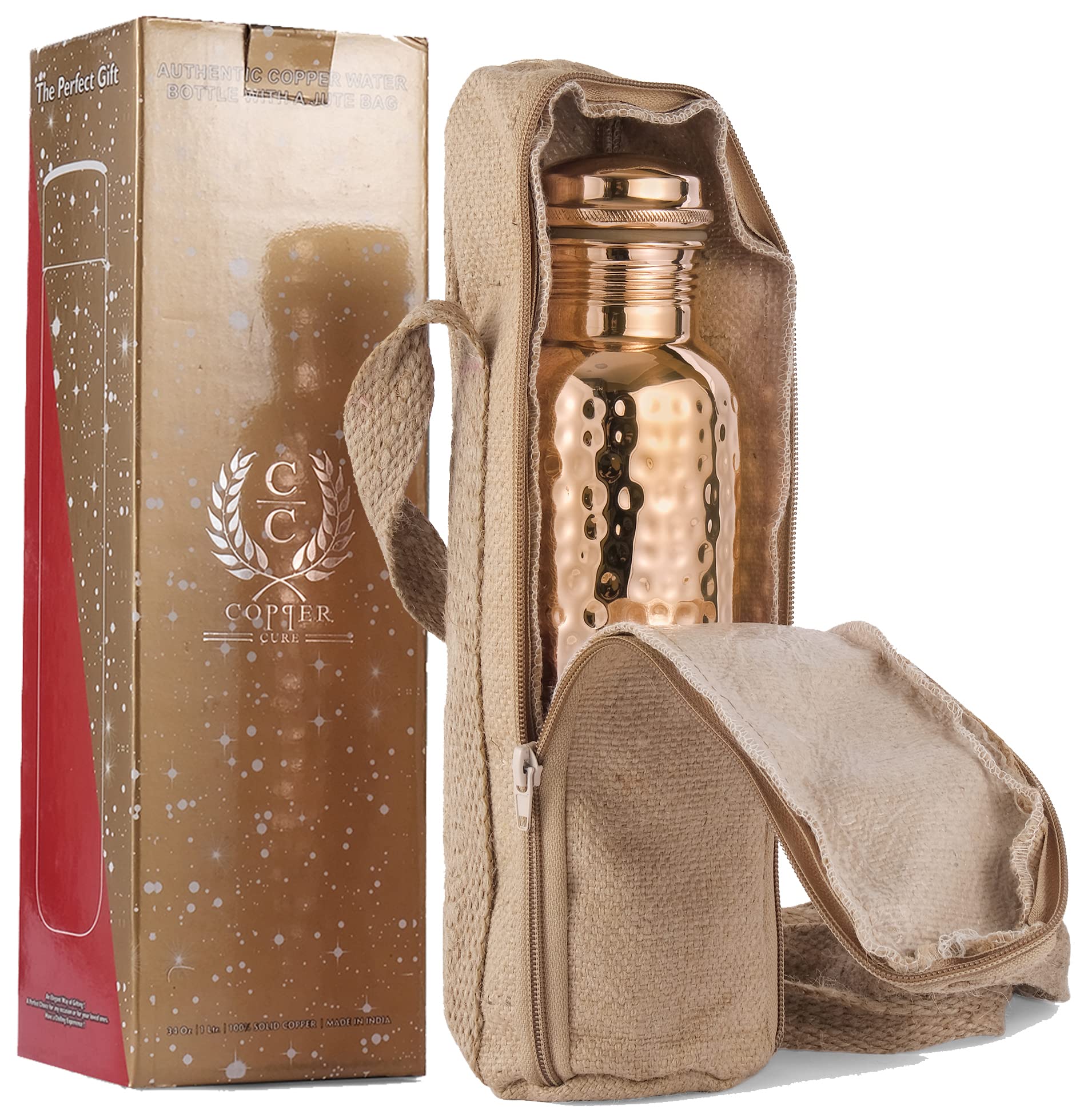 Copper Water Bottle With Jute Bag - 34 Oz Extra Large, Pure Copper Vessel For Drinking - Drink More Water - Copper Bottle For He