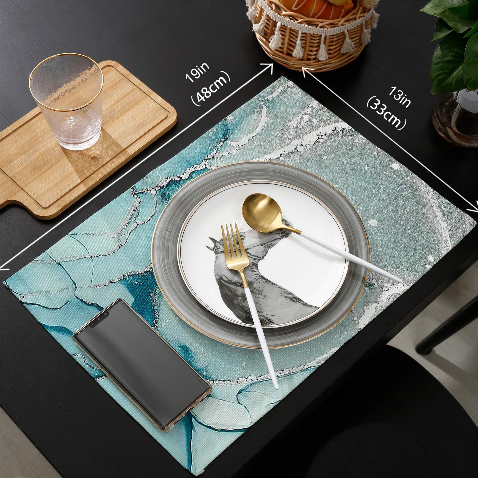Blue Marble Table Runner 90 Inch And Place Mats Set Of 6 Green Gray Texture Cotton Linen Table Mats Set, Heat Insulation Washabl