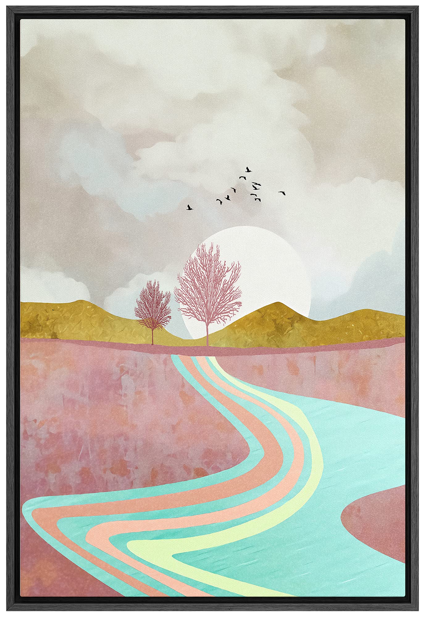 Signford Framed Canvas Print Wall Art Pink Forest Landscape With River & Birds Abstract Wilderness Illustrations Modern Art Cont
