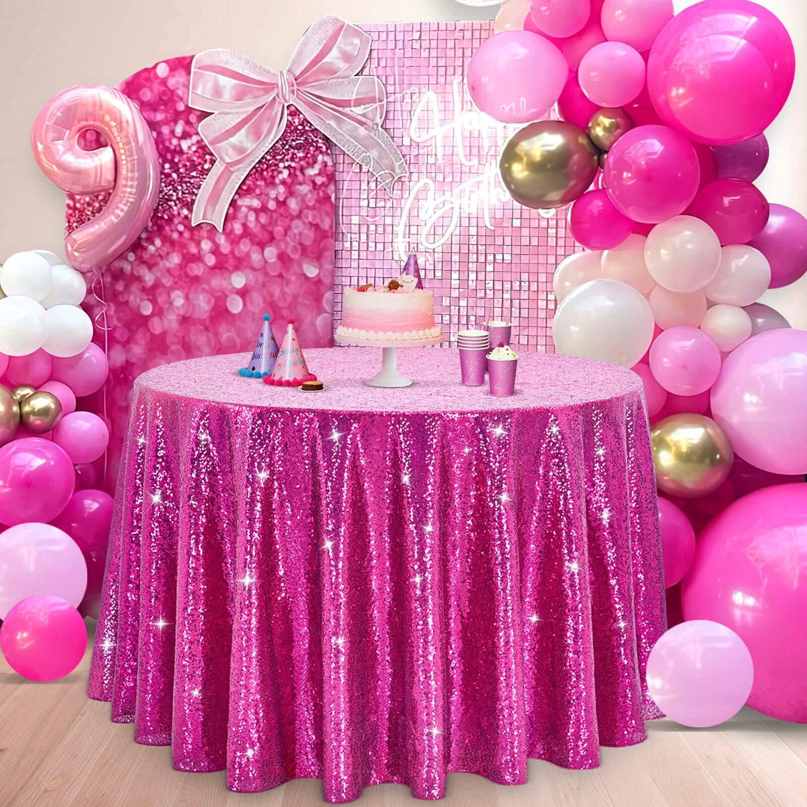 B-COOL Round Sequin Tablecloth Party Decorations: 120 Inch Fuchsia Table Cloth Glitter Fabric Overlay for Indoor Outdoor Dining 