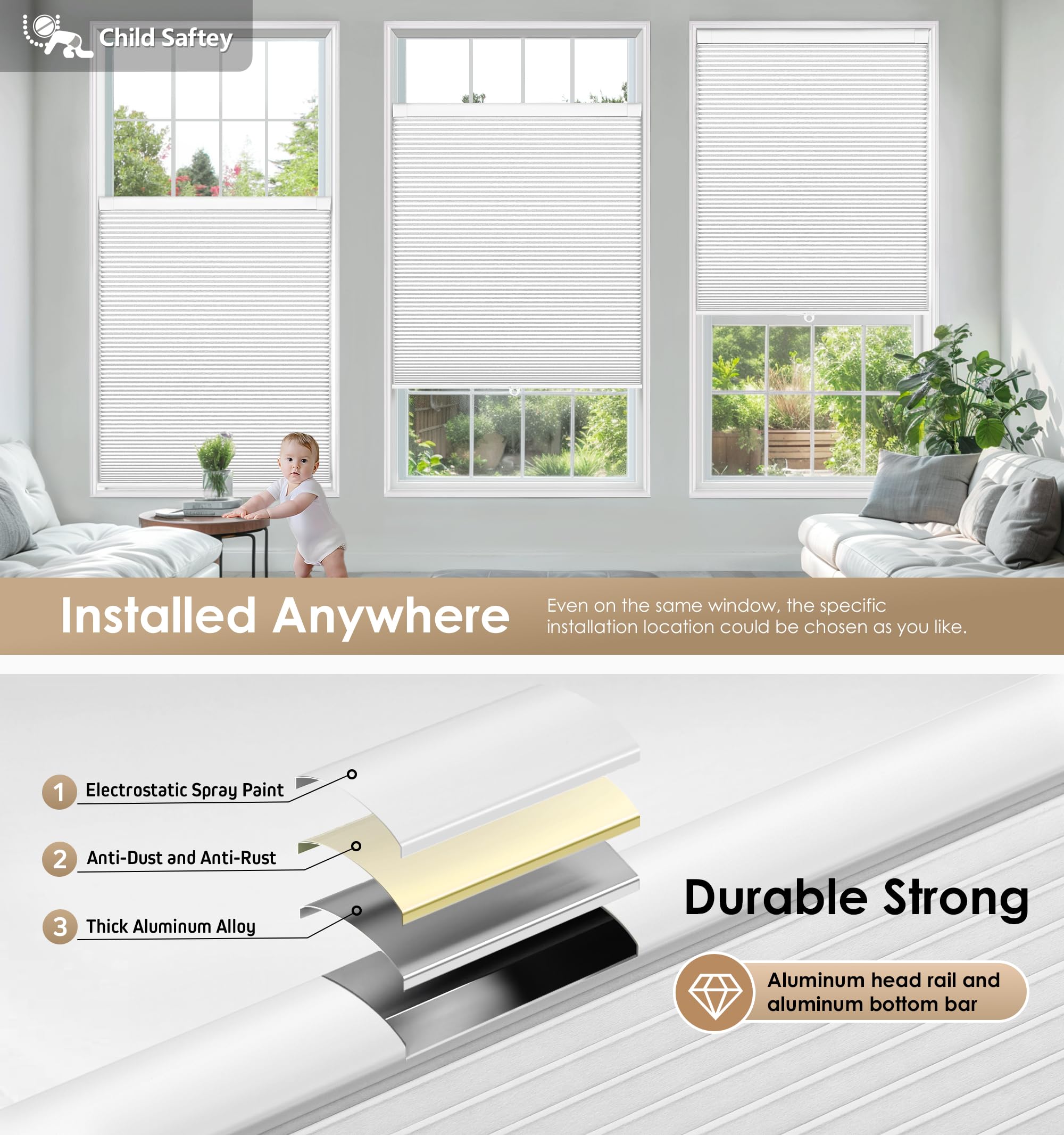 LazBlinds No Tools No Drill Cordless Cellular Shades, Blackout Light Blocking Honeycomb Shades for Home, Thermal Insulation Blin