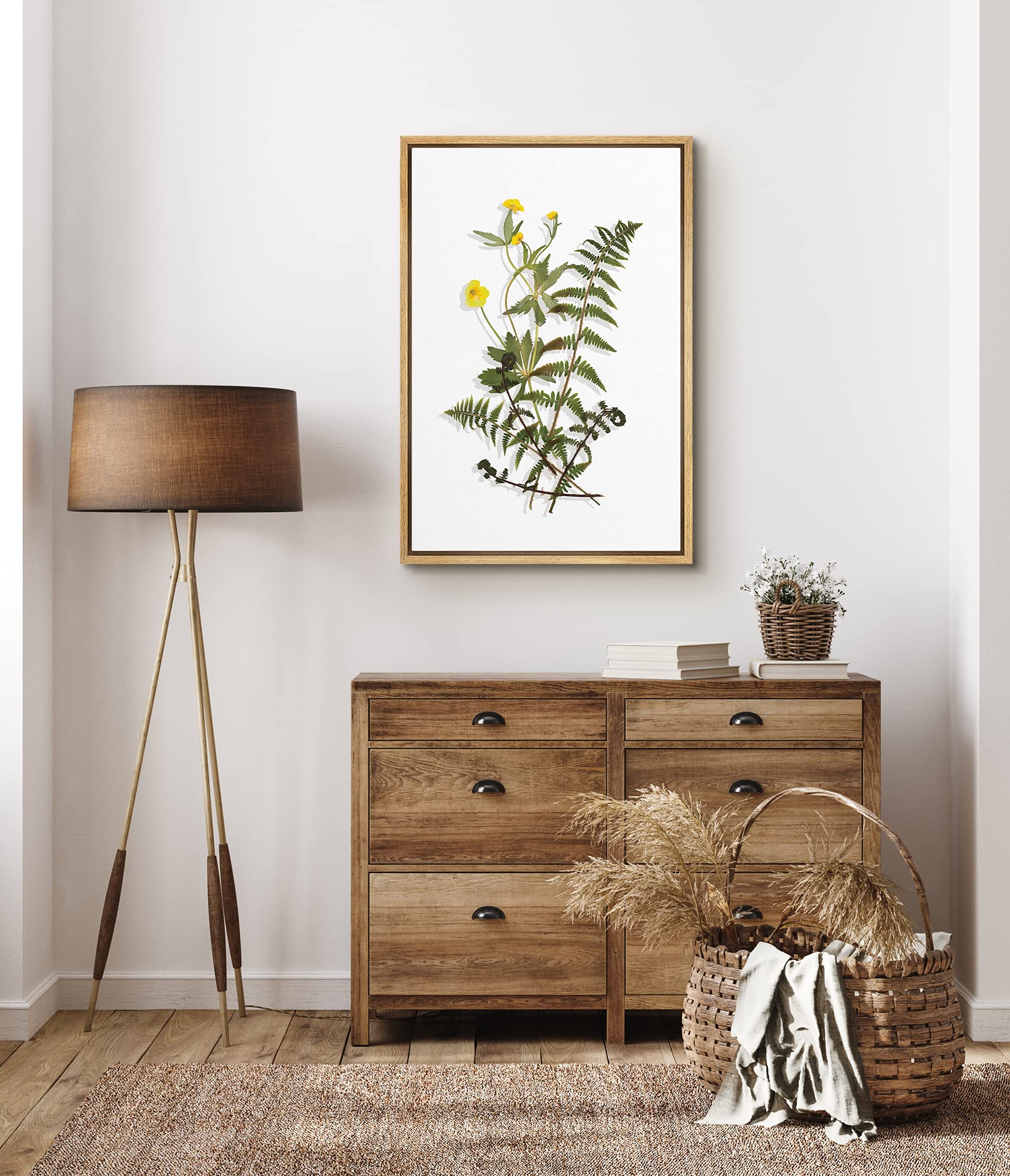 Signford Canvas Print Wall Art Fern Leaf With Small Yellow Poppies Floral Plants Illustrations Modern Art Rustic Group Colorful