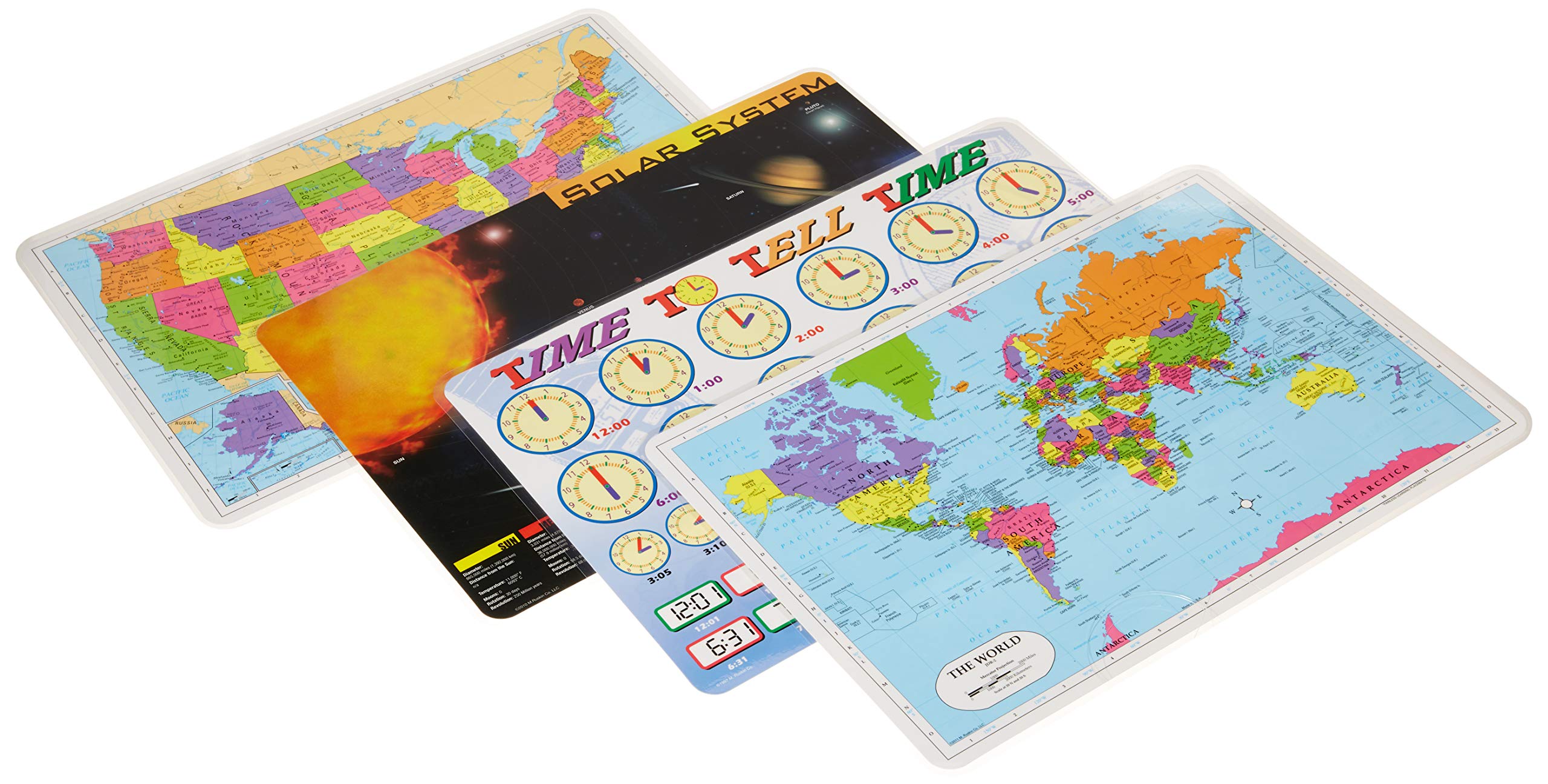 Painless Learning Educational Placemats For Kids Usa And World Map, Time And Money, Alphabet, Us Presidents, Solar System, Multi