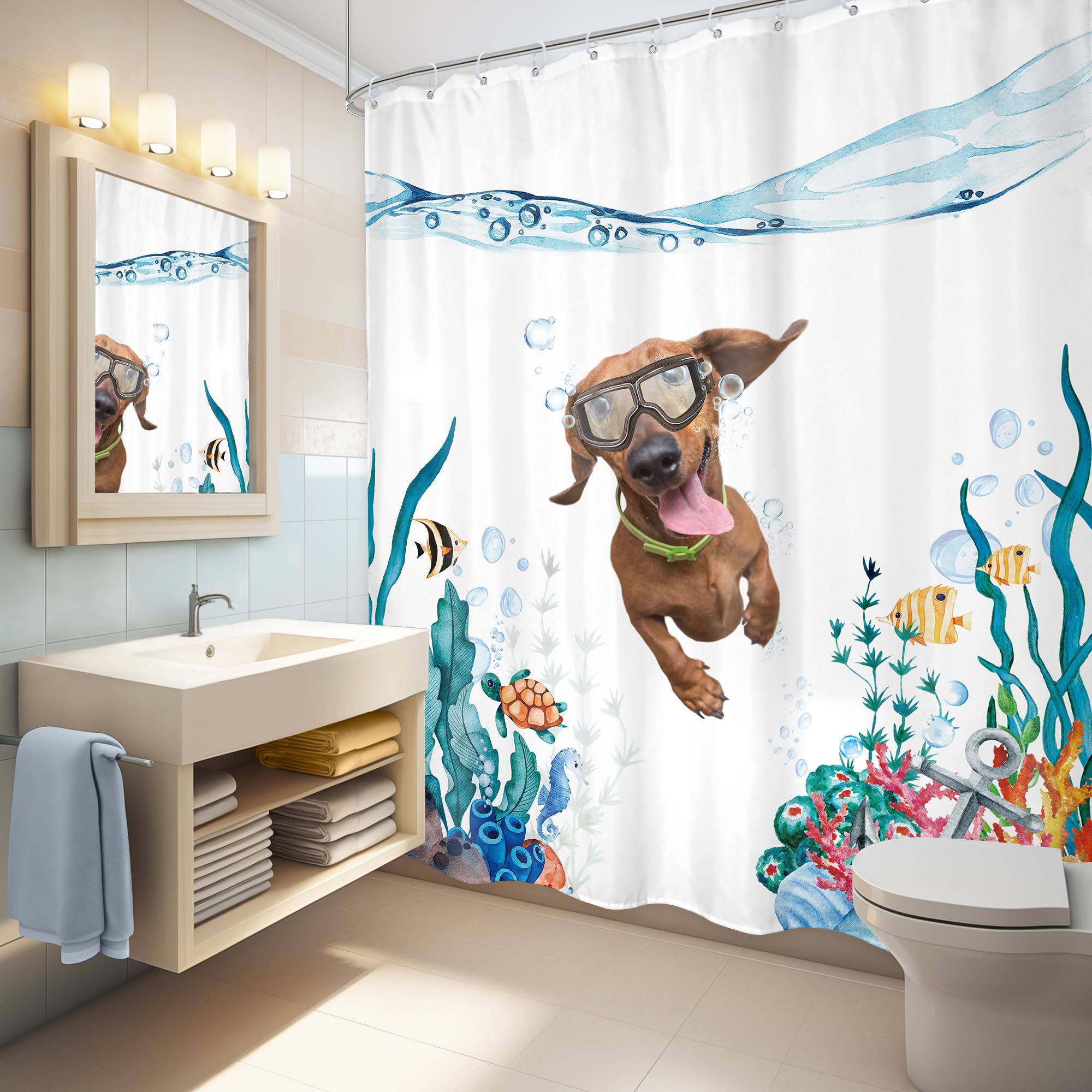 Lghtyro Funny Dog Kids Dachshund Shower Curtain Bathroom Set 71Wx84H Inches Extra Long Teal Blue Sea Ocean Nautical Cute Underwa