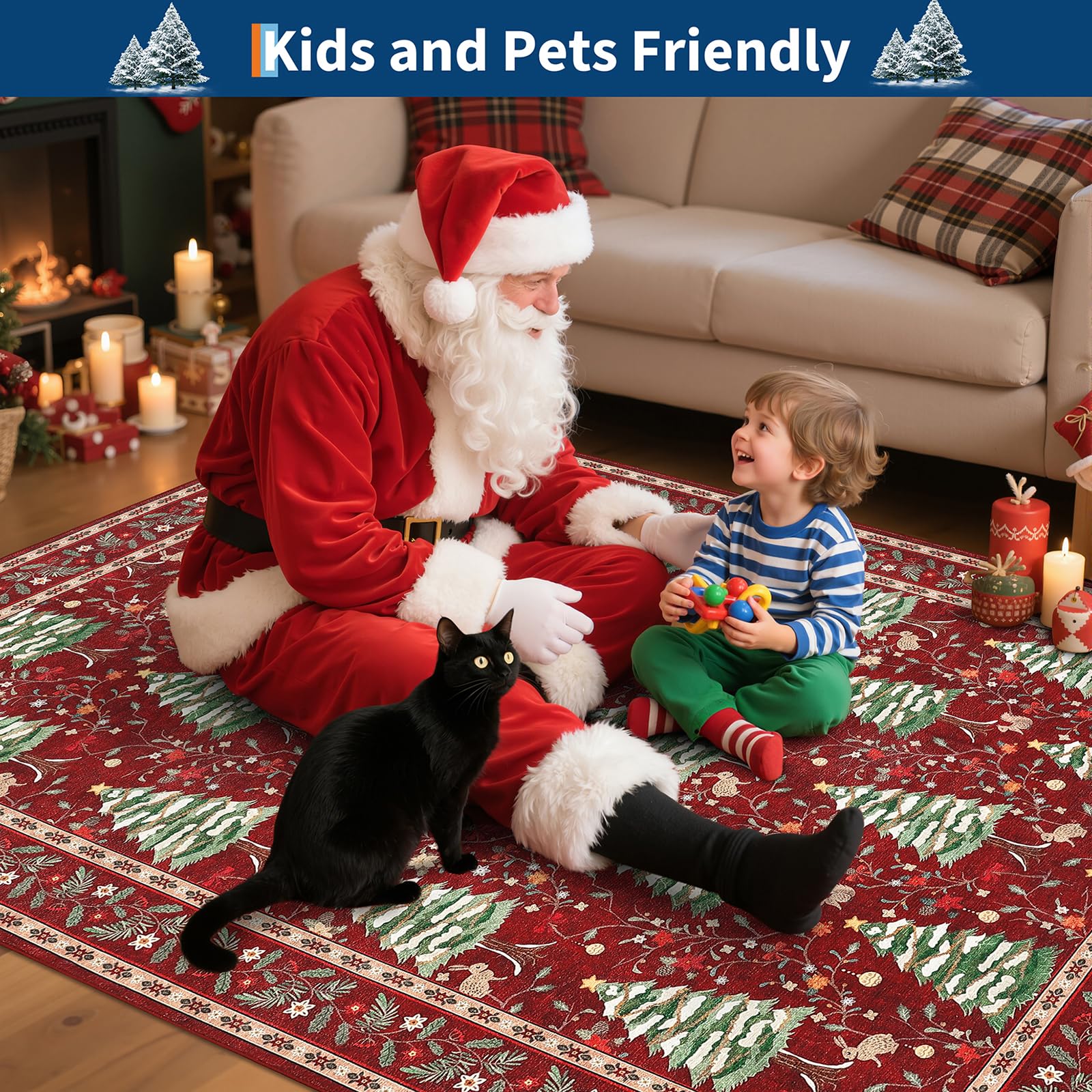 GarveeHome Red Christmas Rug 5x7 Washable Soft Stain Resistant for Living Room Bedroom Nursery Office Christmas Tree Animals Pri