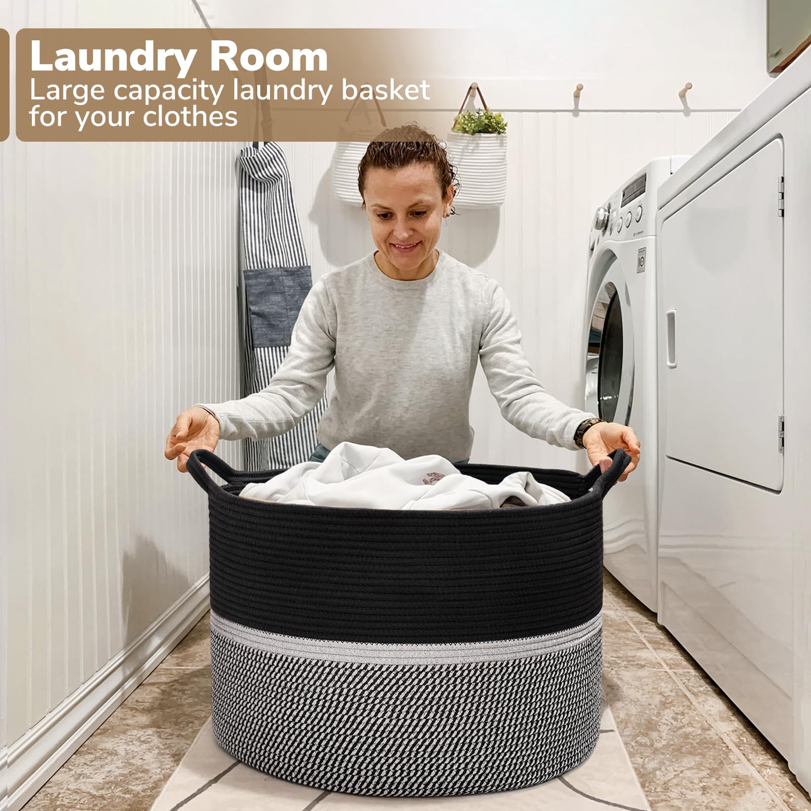 Chicvita Extra Large Laundry Basket, Woven Rope Blanket Basket For Towels, Clothes, Toy Storage Basket, Pillow Basket For Living