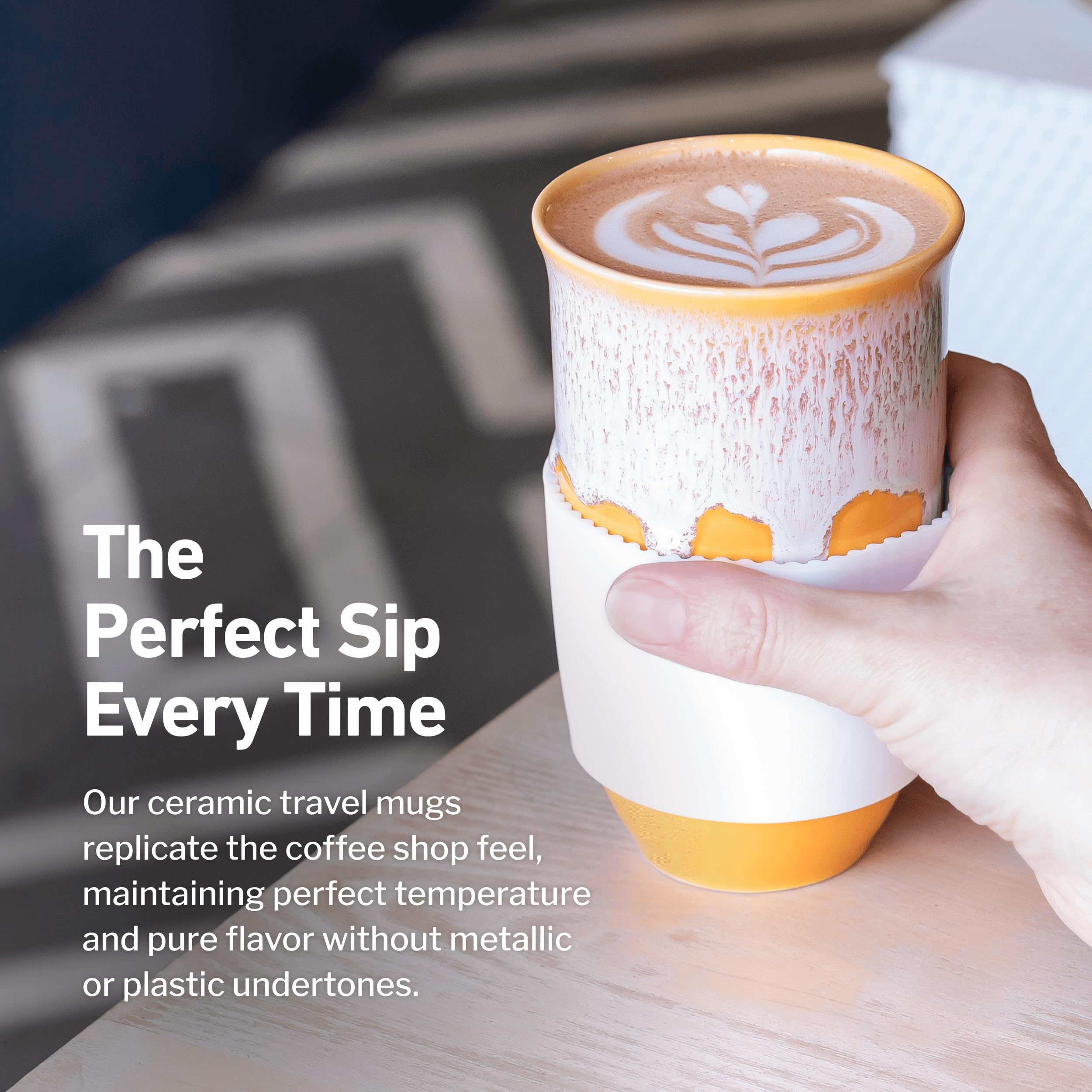 NOVA CERAMICS Ceramic Tumbler- Ceramic Travel Mug With Lid - Microwave & Dishwasher Safe Coffee White & Orange Tumbler - Gifts F