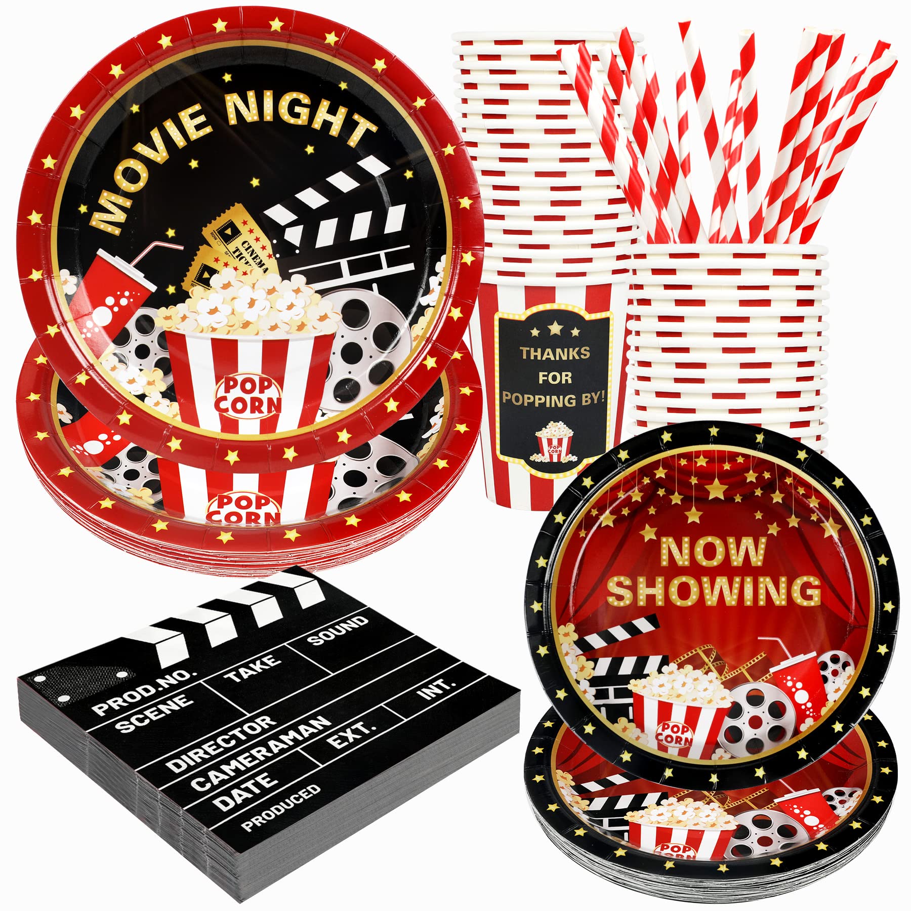 Recheel Movie Night Party Supplies Decorations, Movie Theme Birthday Paper Plates And Napkins Set With Cups And Straws For 24 Gu