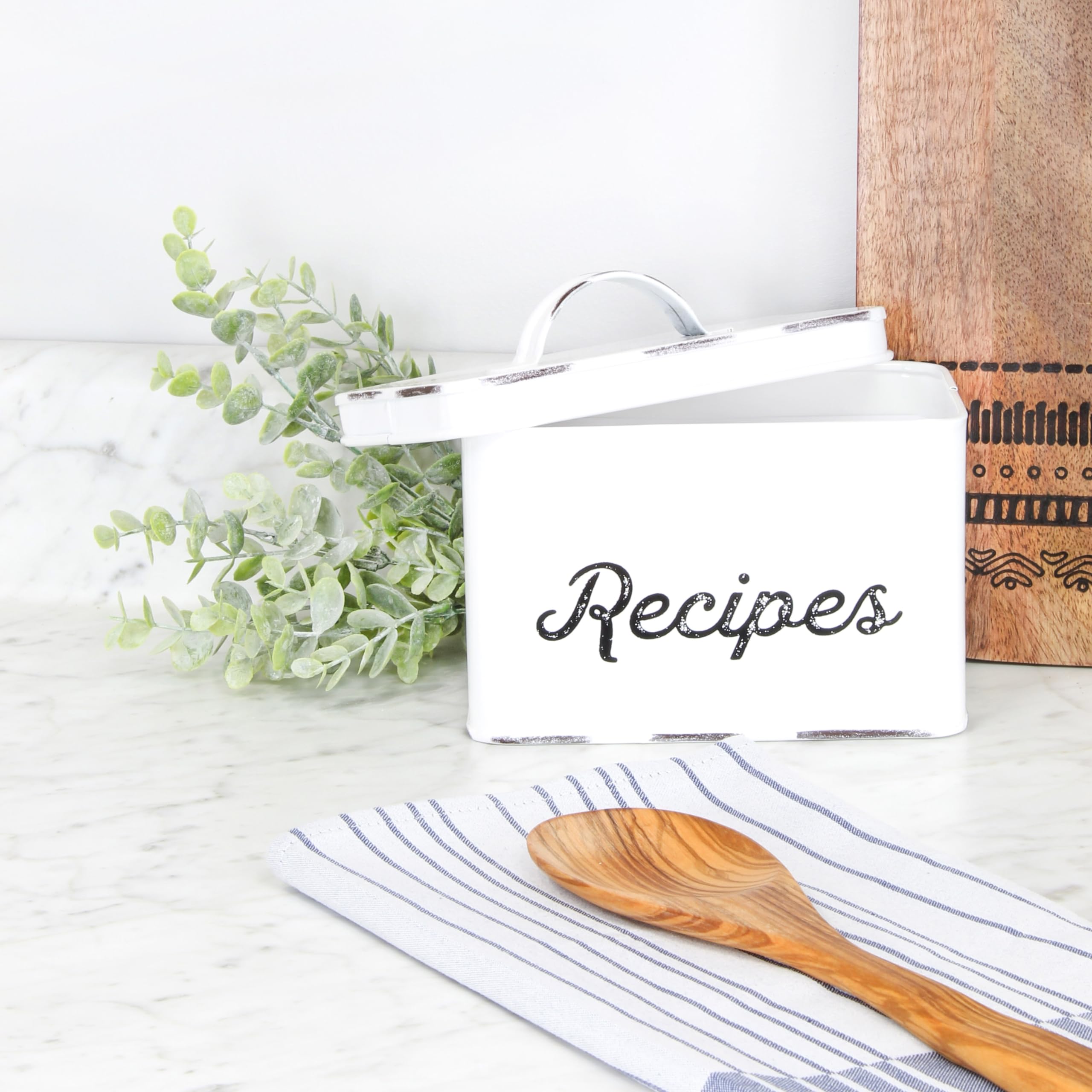 Auldhome Rustic White Recipe Box; Enamel Farmhouse Recipe Holder And Organizer For 4 X 6 Inch Recipe Cards