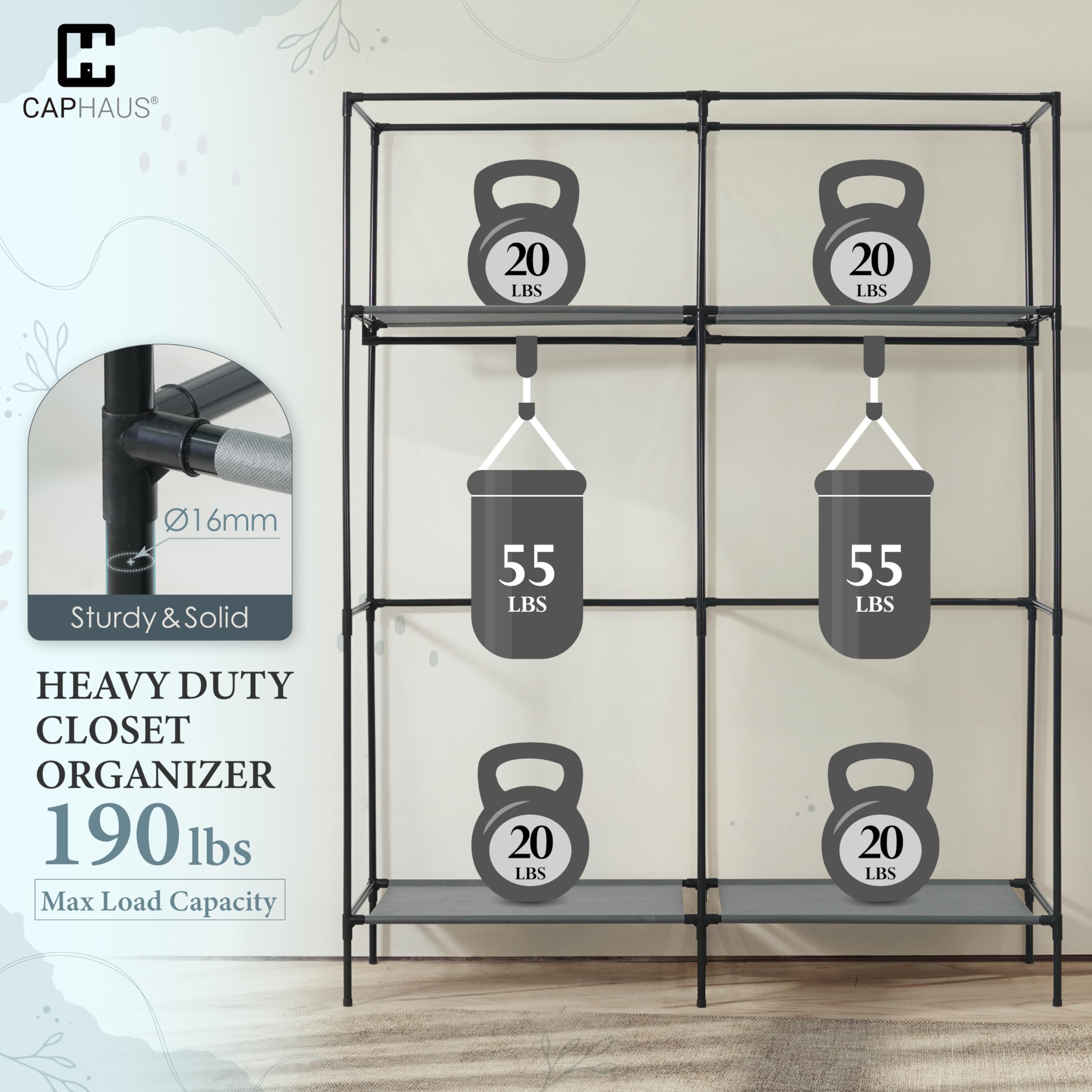 Caphaus 55-Inch Clothing Rack With Cover, Portable Closet Wardrobe, Covered Garment Rack For Hanging Clothes, 190Lb Capacity Hea