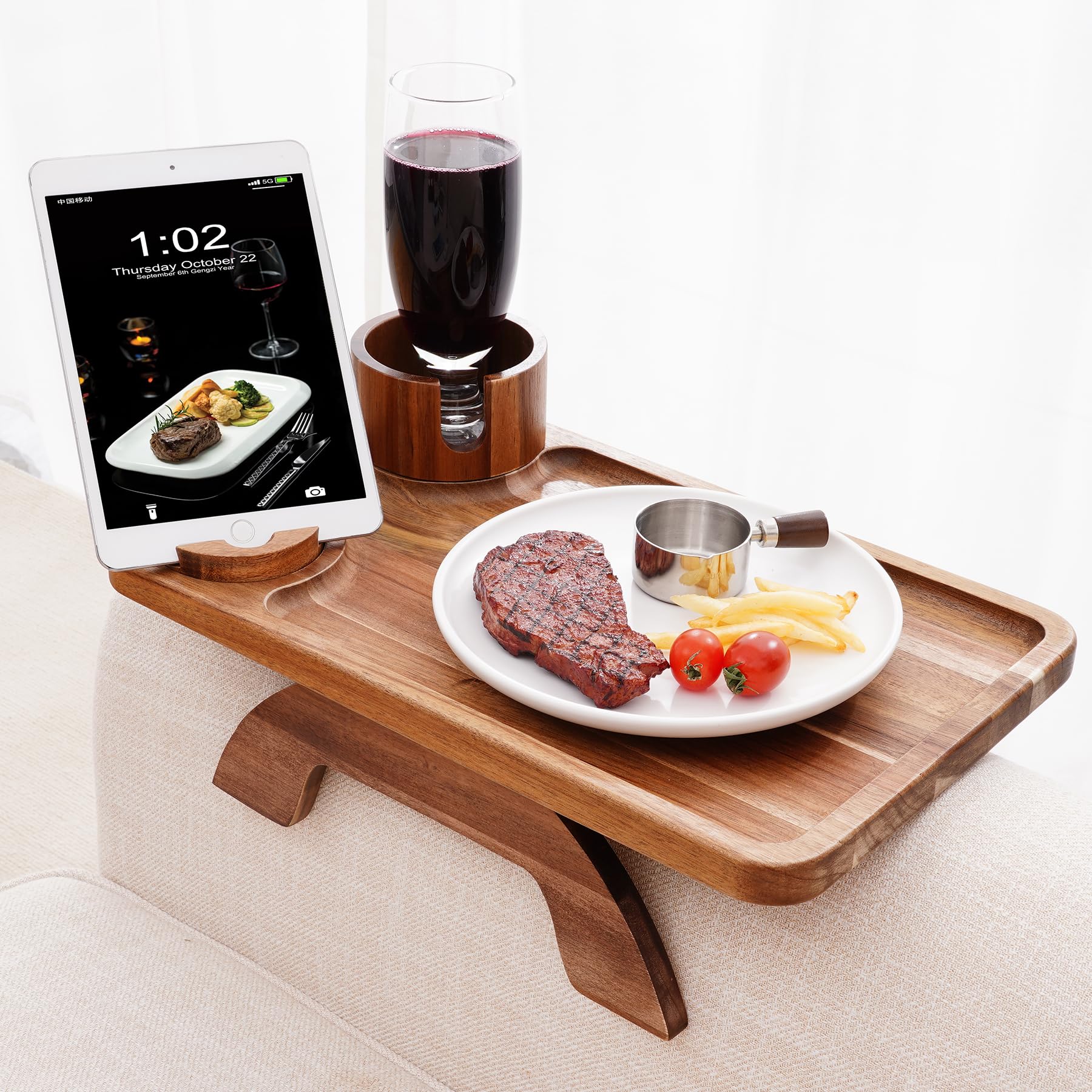 Nnewvante Couch Cup Holder Tray, 3 In 1 Large 15.36''X9.85'' Acacia Wood Sofa Arm Clip On Tray Table With 360Rotated Phone Holde