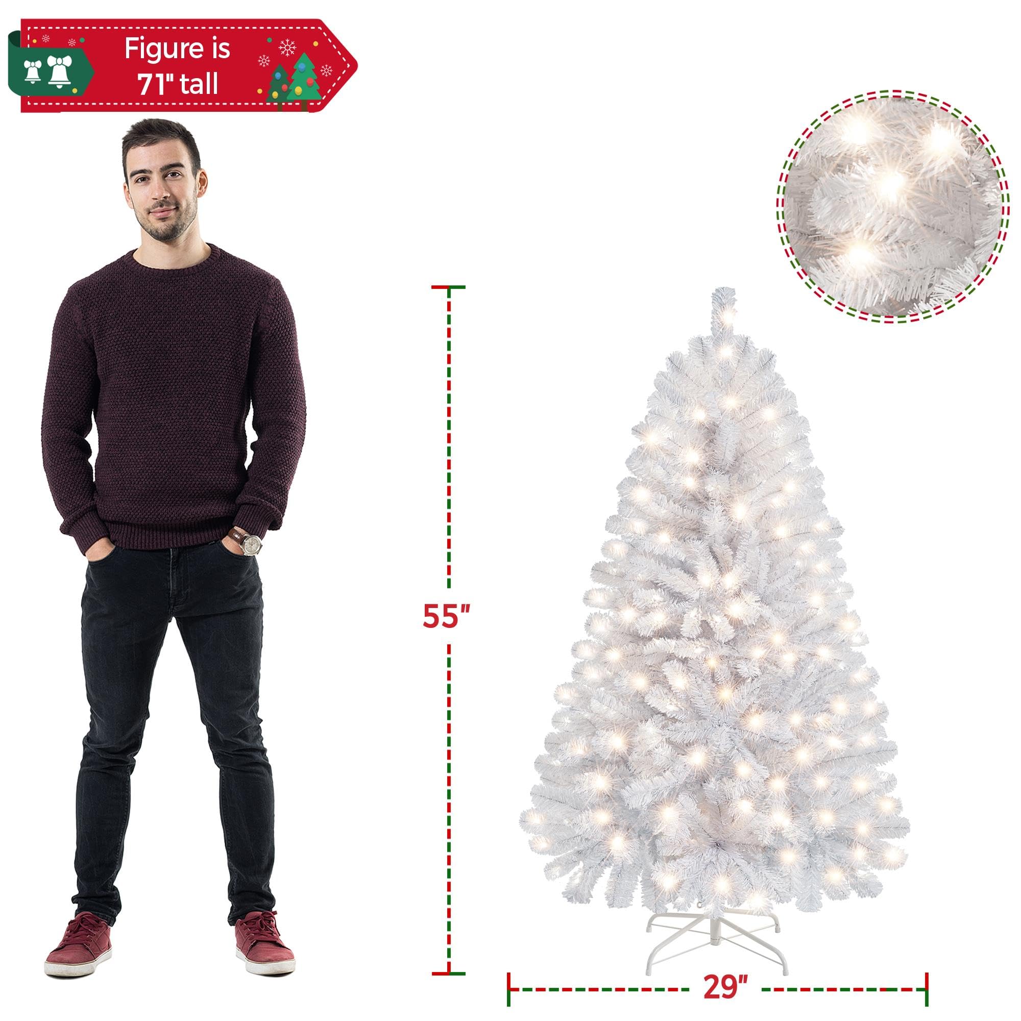Yaheetech 4.5ft Pre-lit Spruce Artificial Hinged Christmas Pine Tree Prelighted Holiday Xmas Tree for Home Party Decoration with