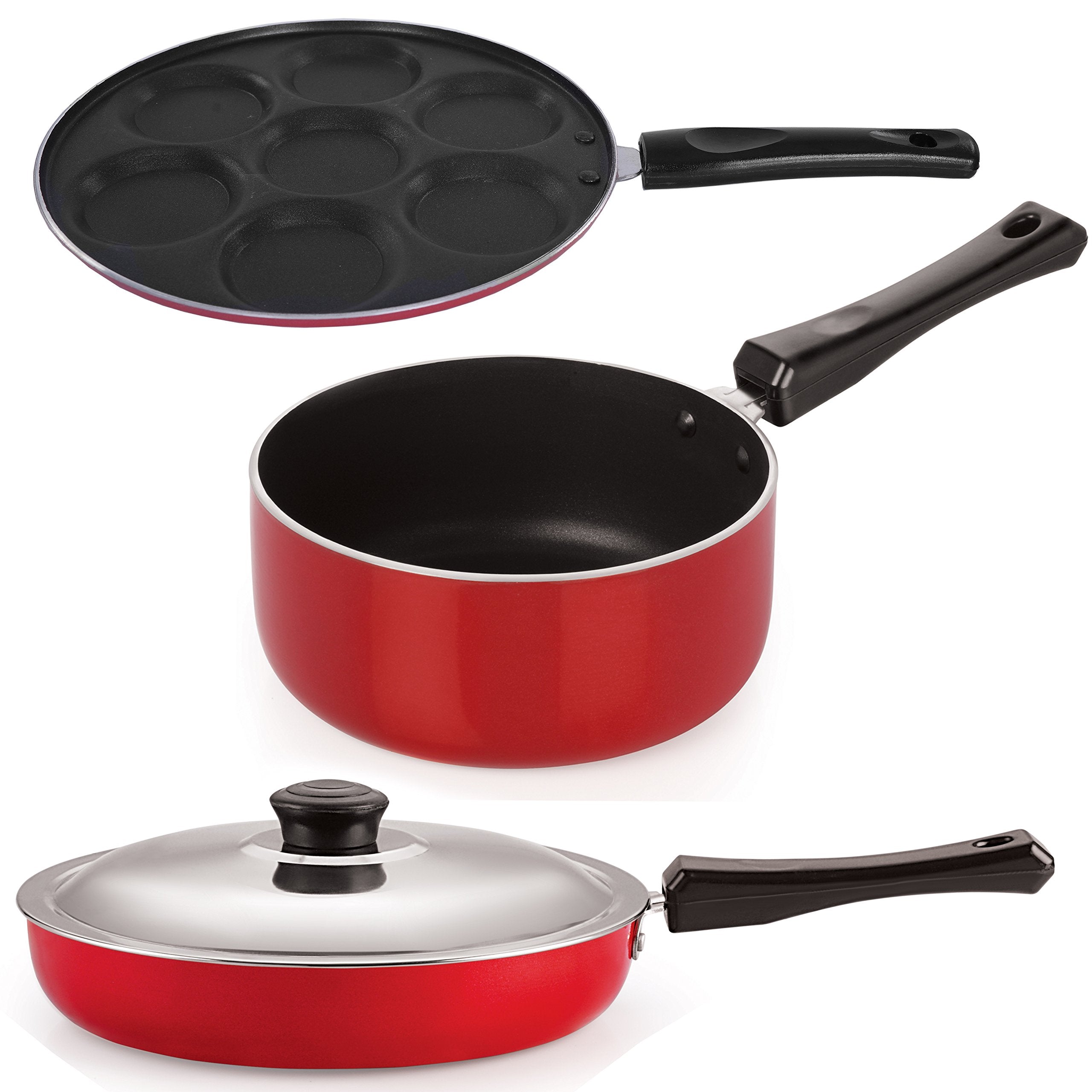 Nirlon NonStick Pots And Pans Aluminium Red & BlackCombo Cooking Set